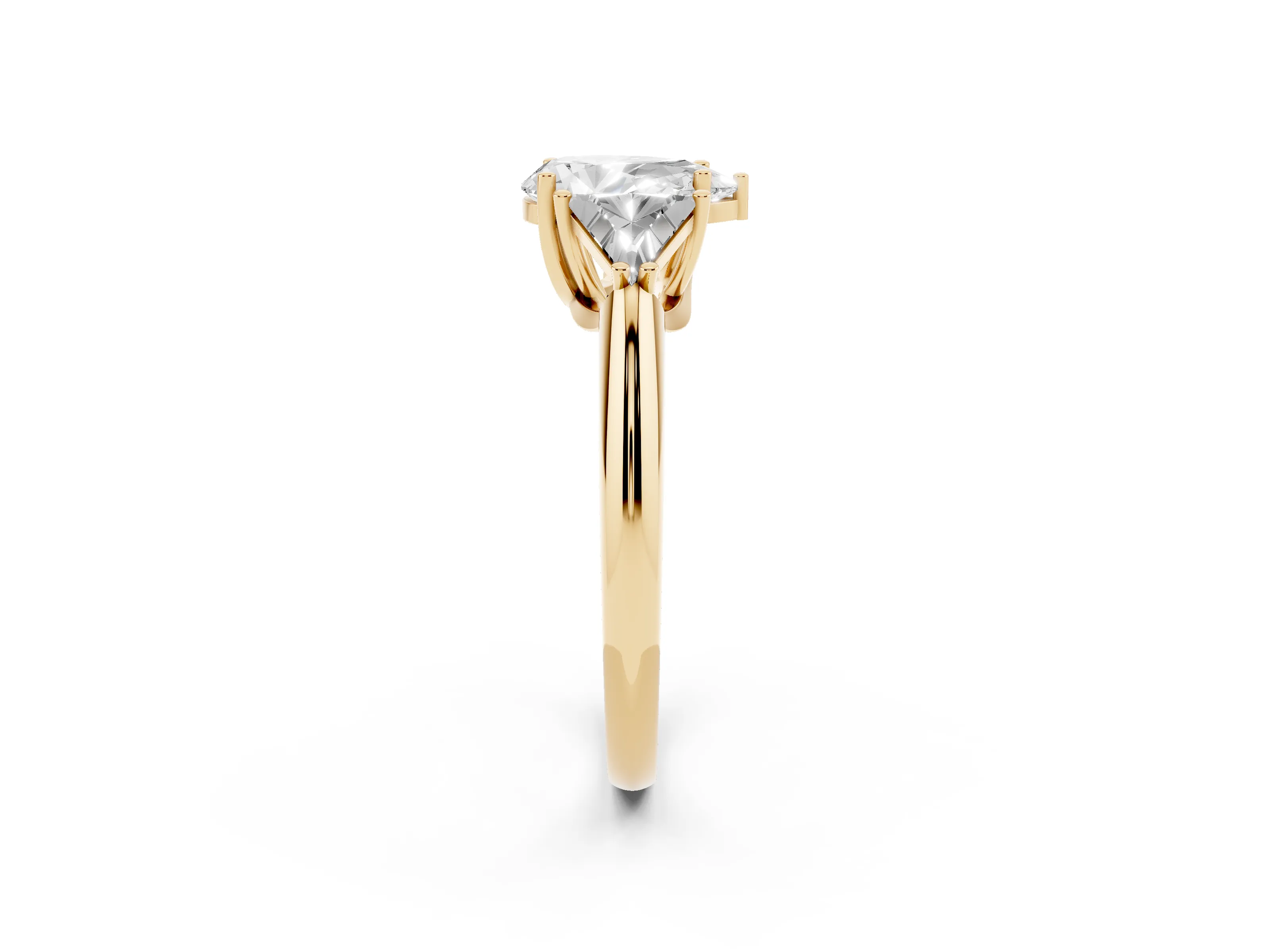 Pear Cut Diamond Three-Stone Engagement Ring Set in Yellow gold with Trillion Side Stones