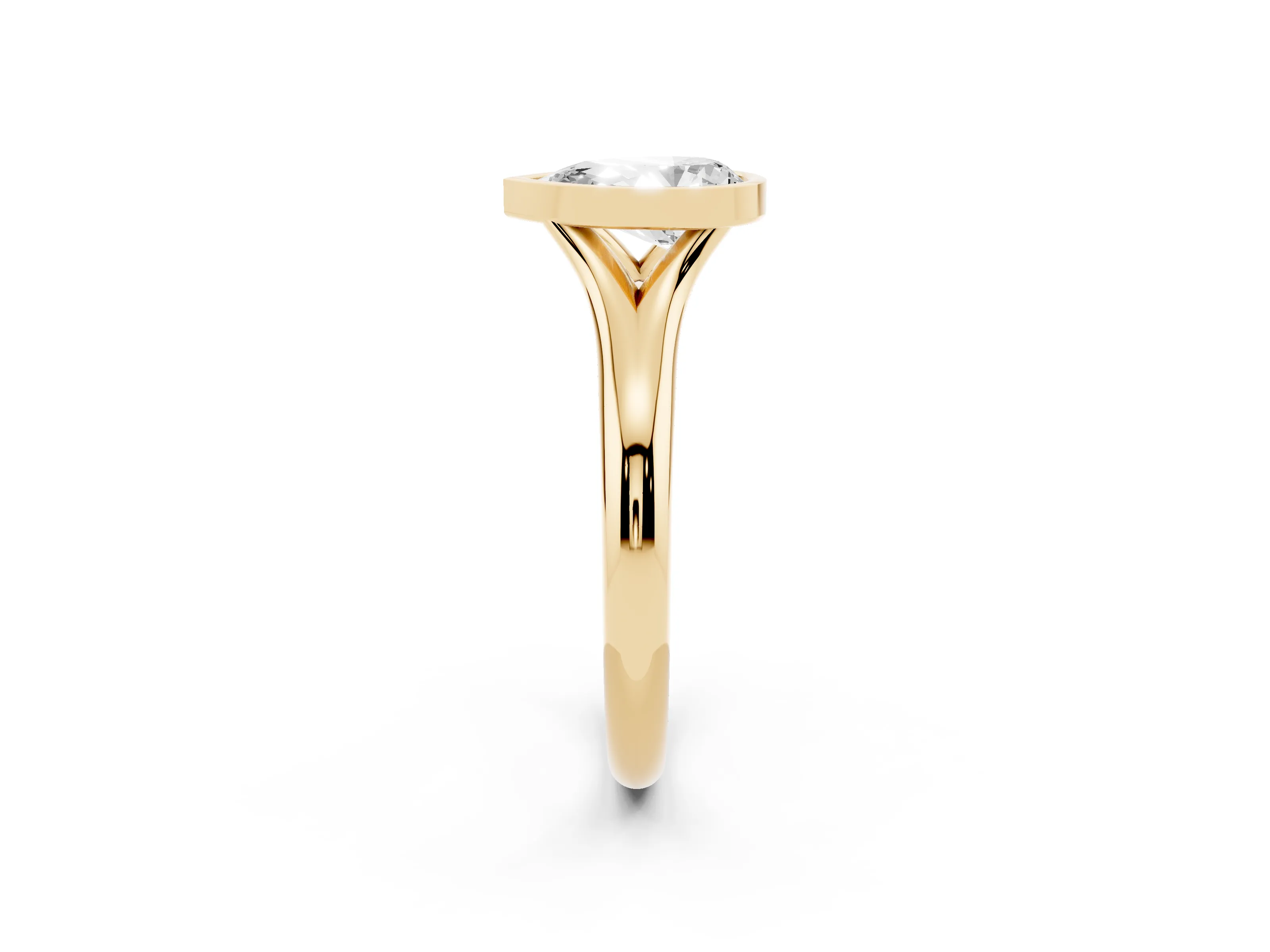 Bezel Set Pear Cut Diamond Solitaire Ring Set in Yellow gold with Smooth Band