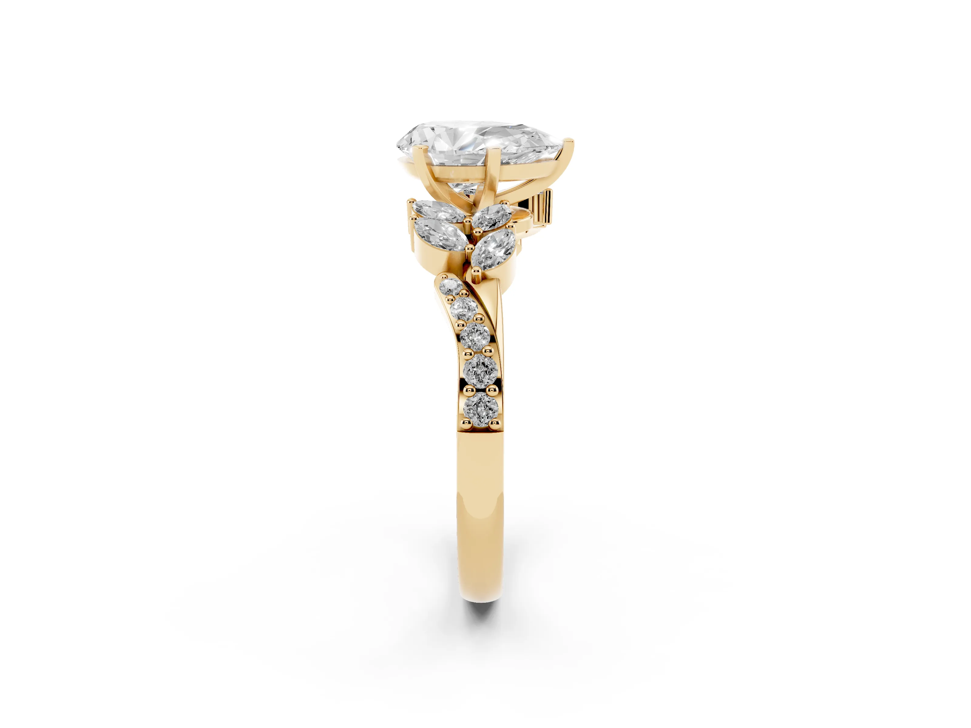 Pear Cut Diamond Solitaire Ring Set in Yellow gold with Marquise Twist Band and Prong Setting