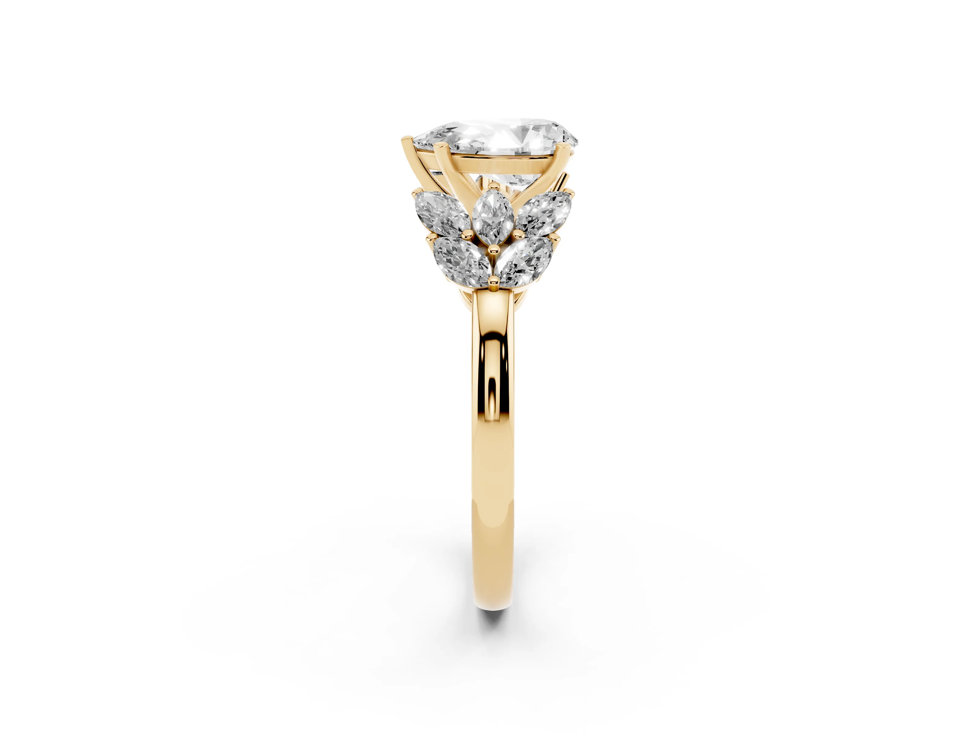 Pear Cut Diamond Cluster Leaf Design Ring Set in Yellow gold with Prong Setting