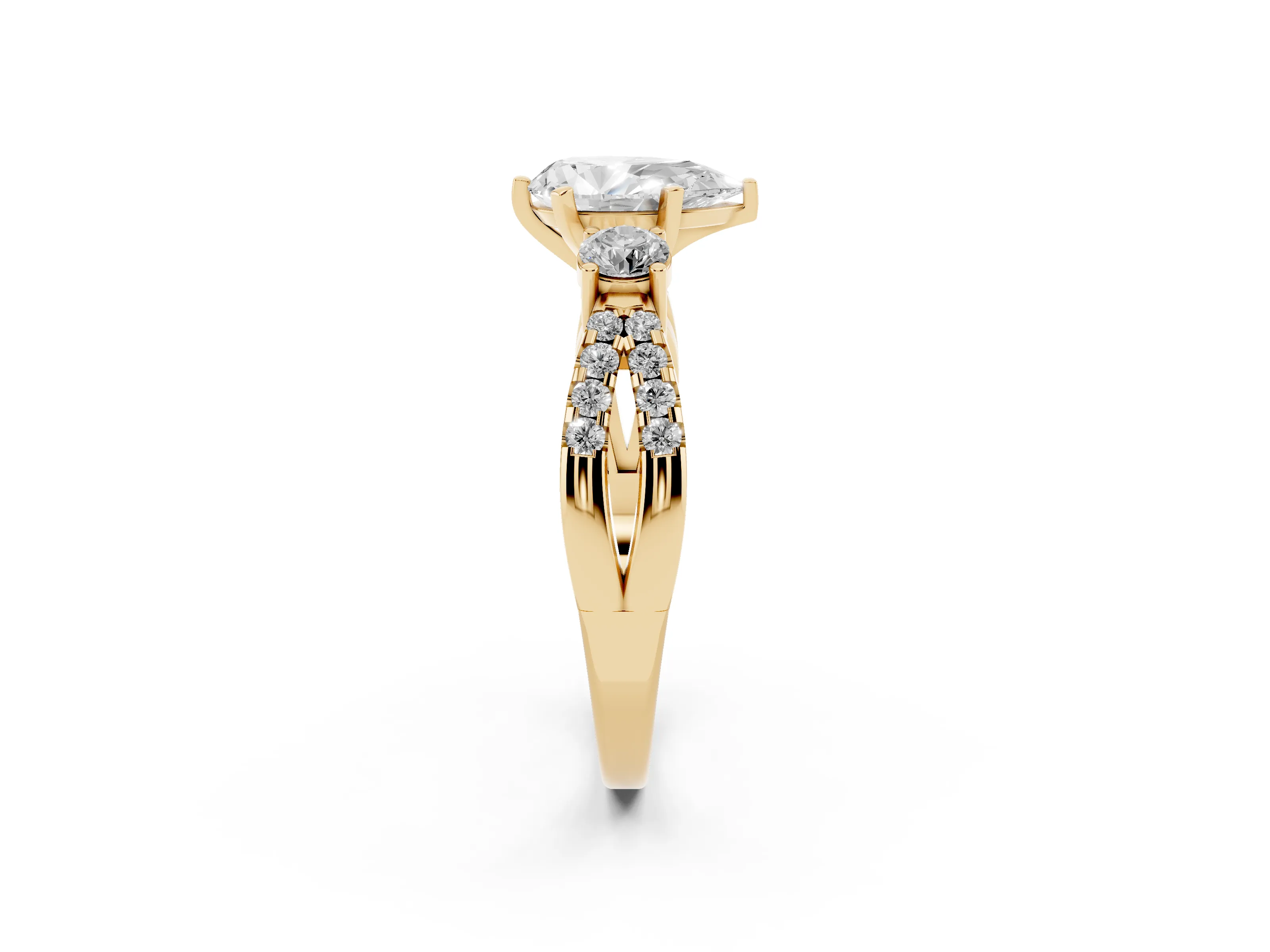 Pear Cut Diamond Three-Stone Ring Set in Yellow gold with Pavé Split Shank and Prong Setting