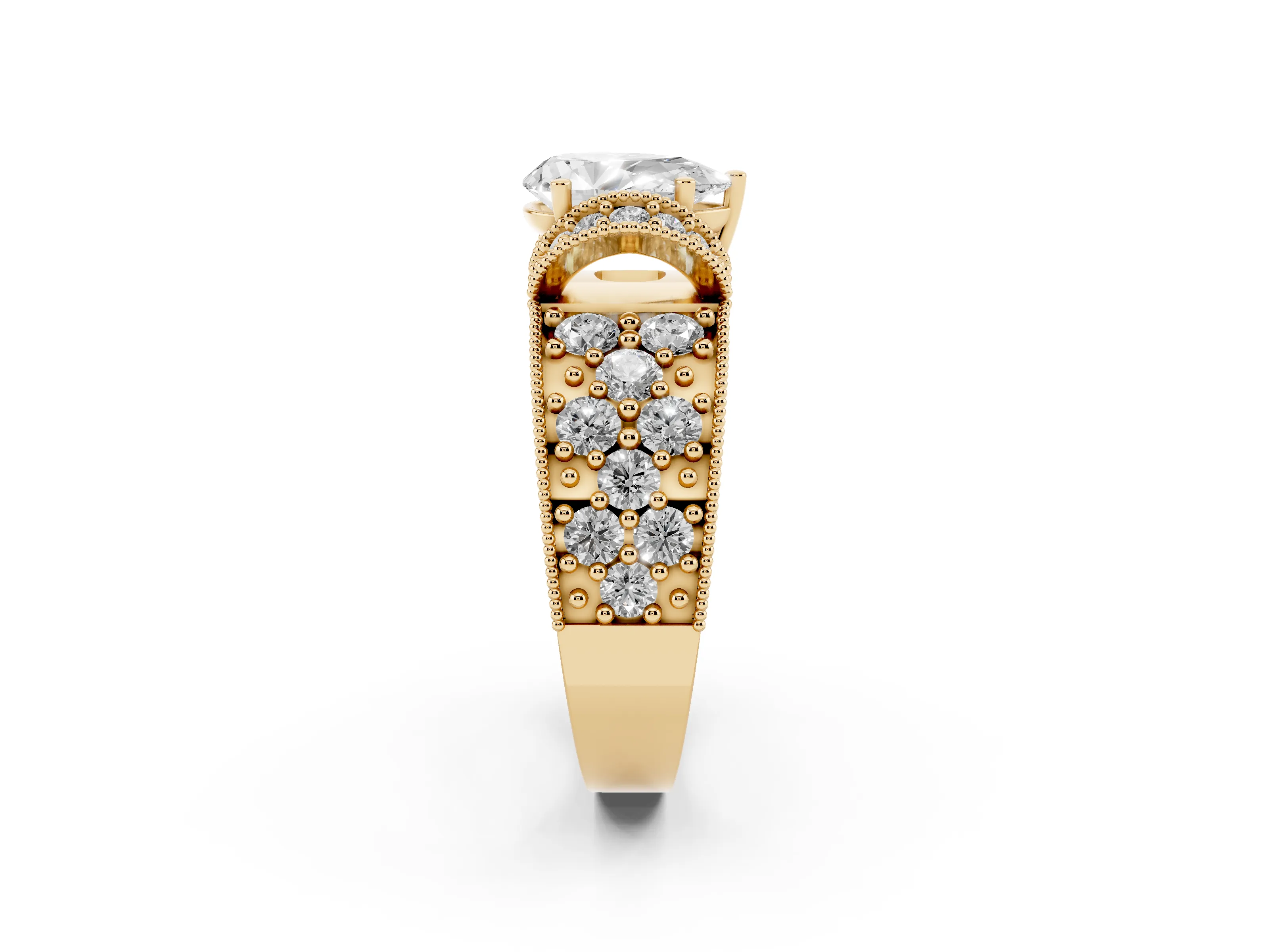Pear Cut Diamond Milgrain Halo Pavé Engagement Ring Set in Yellow gold with Prong Setting