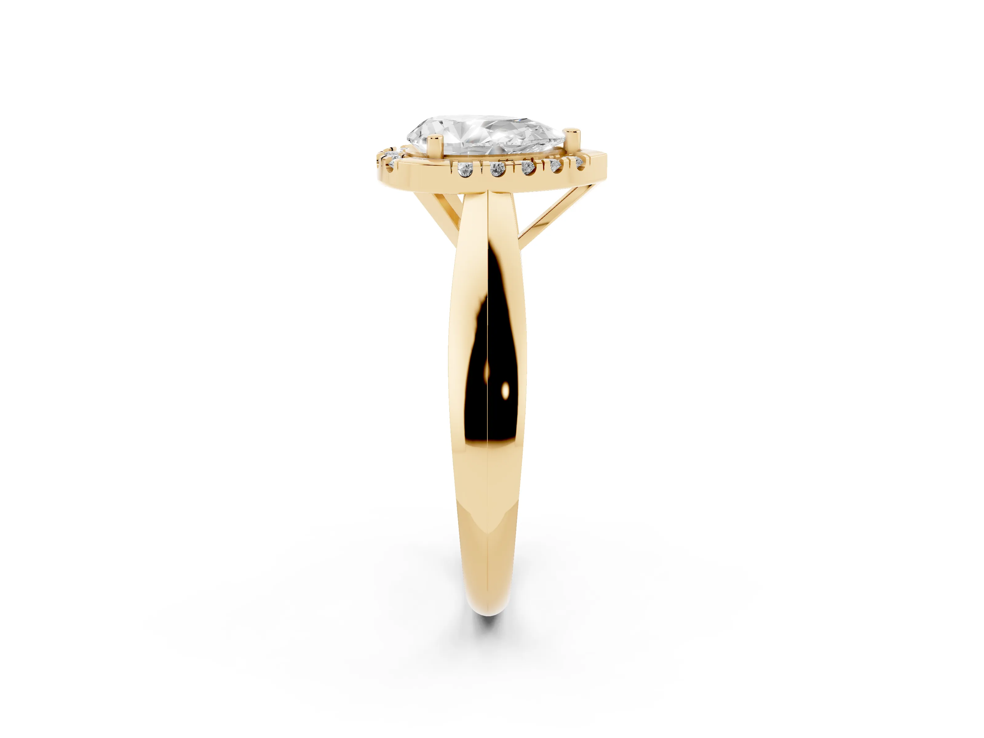 Pear Cut Diamond Halo Solitaire Engagement Ring Set in Yellow gold with Square Band and Prong Setting
