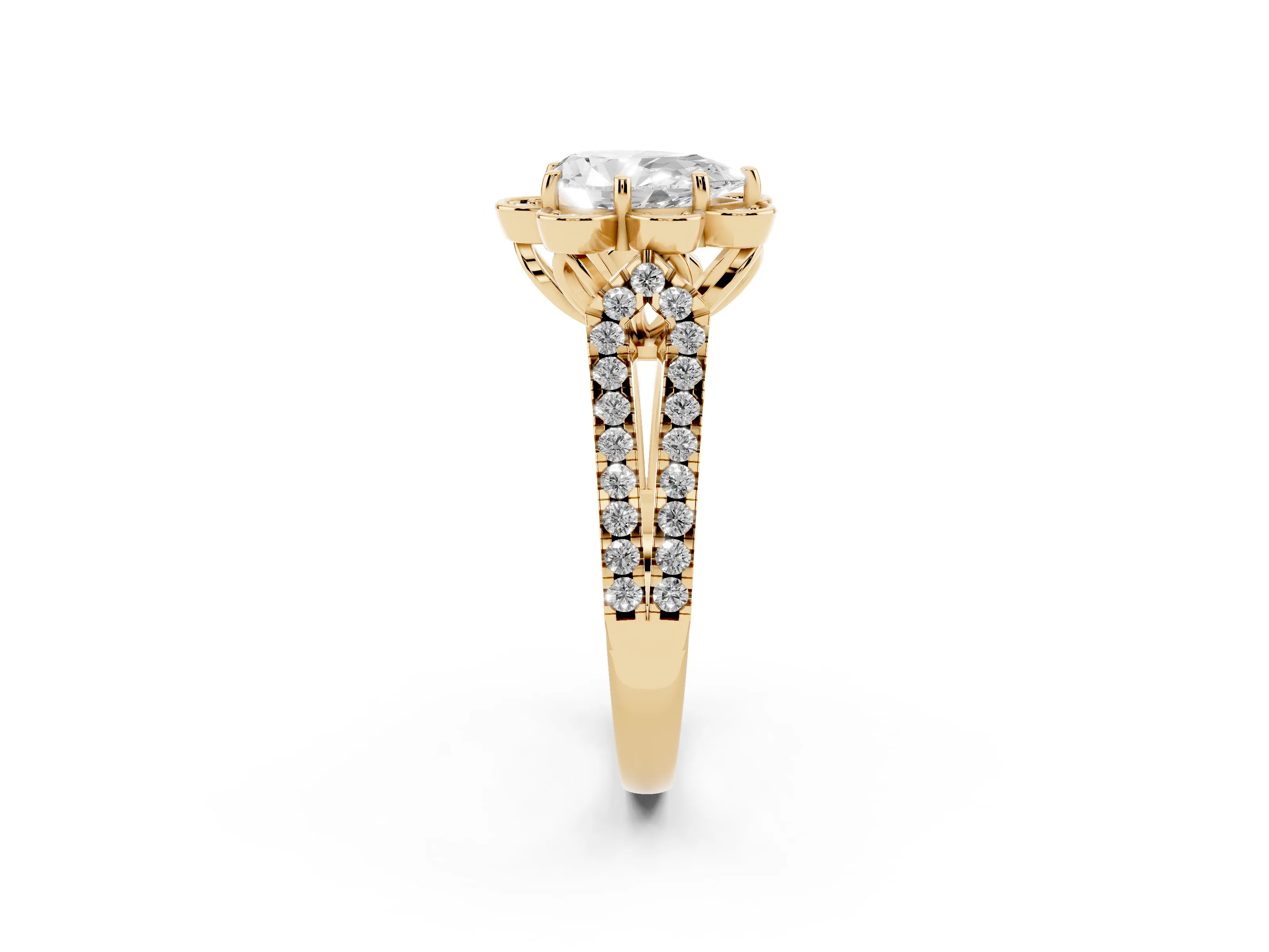 Pear Cut Diamond Floral Halo Split Shank Engagement Ring Set in Yellow gold with Pavé Shank