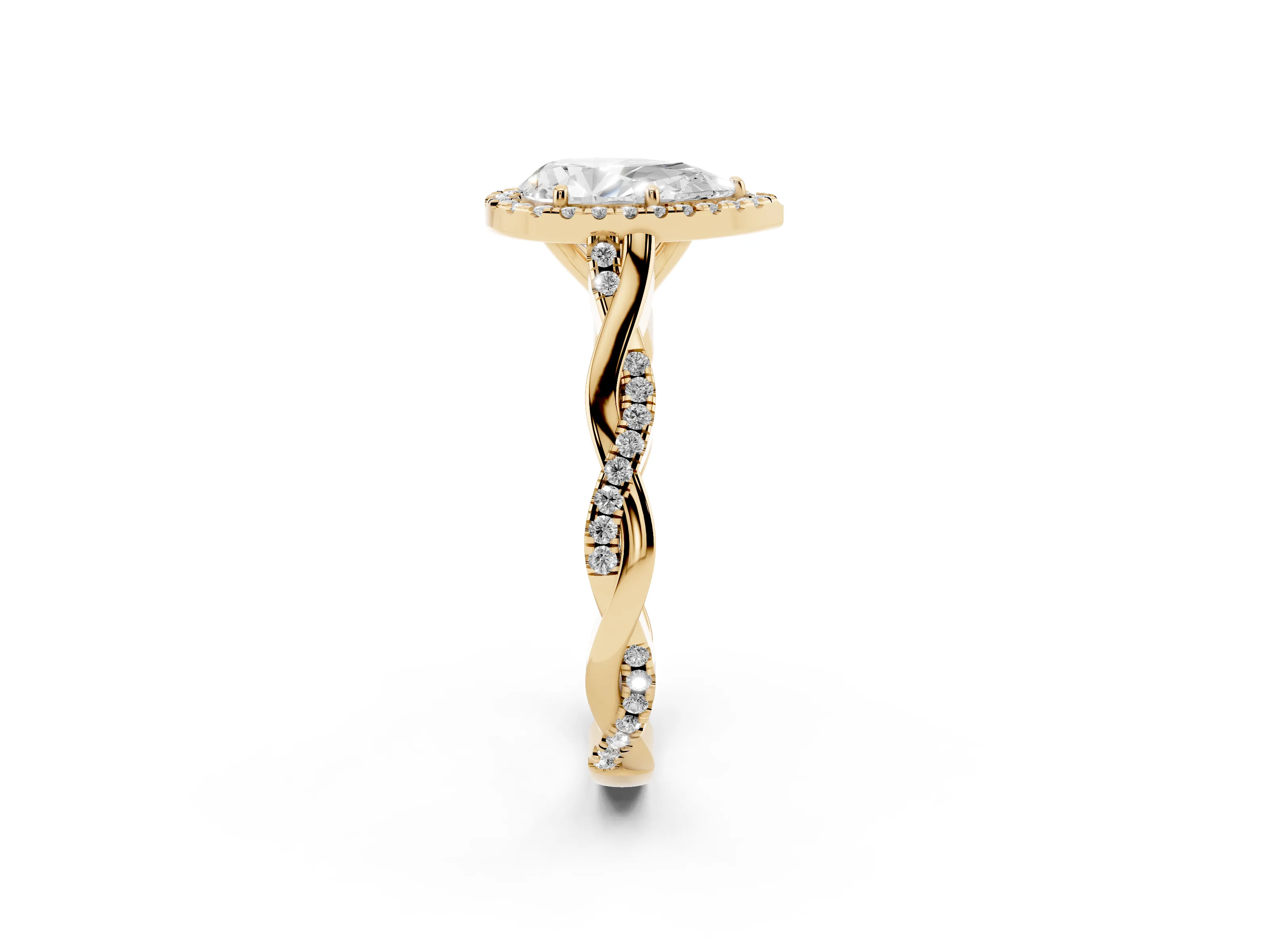 Pear Cut Diamond Halo Twist Band Solitaire Ring Set in Yellow gold with Prong Setting