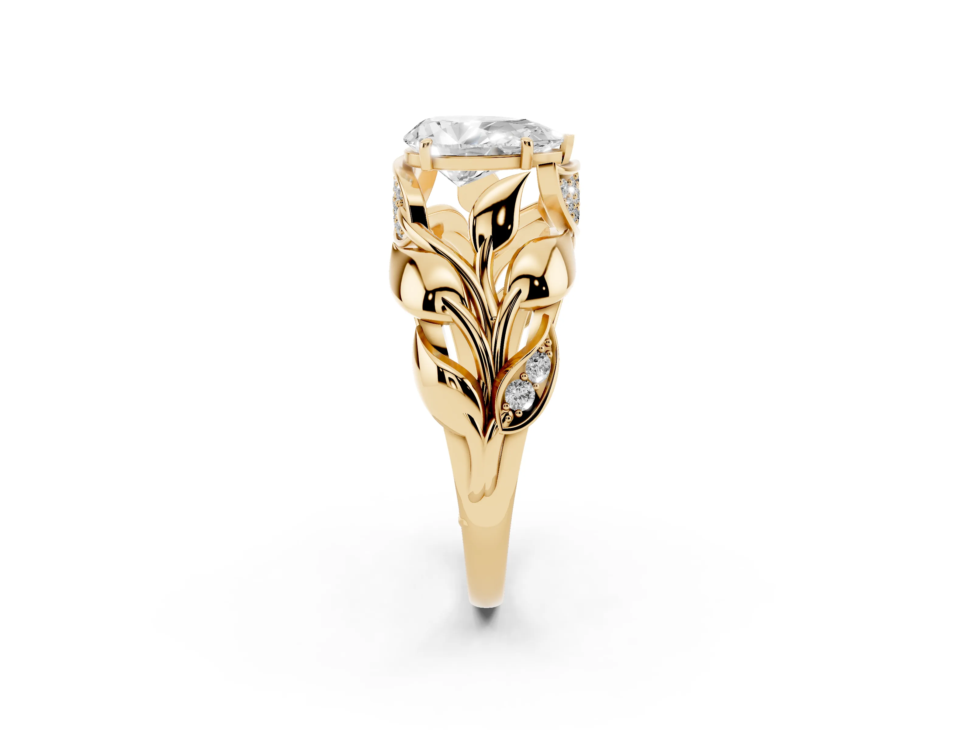 Pear Cut Diamond Leaf-Inspired Engagement Ring Set in Yellow gold with Round Accents