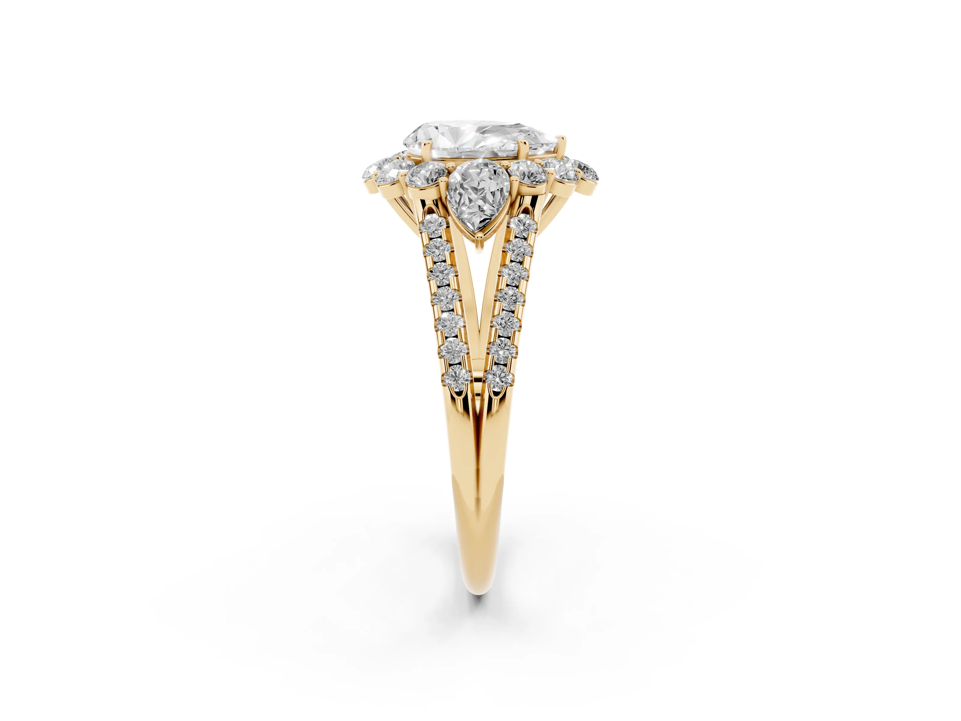 Pear Cut Diamond Halo Split Shank Engagement Ring Set in Yellow gold with Prong-Held Center Stone