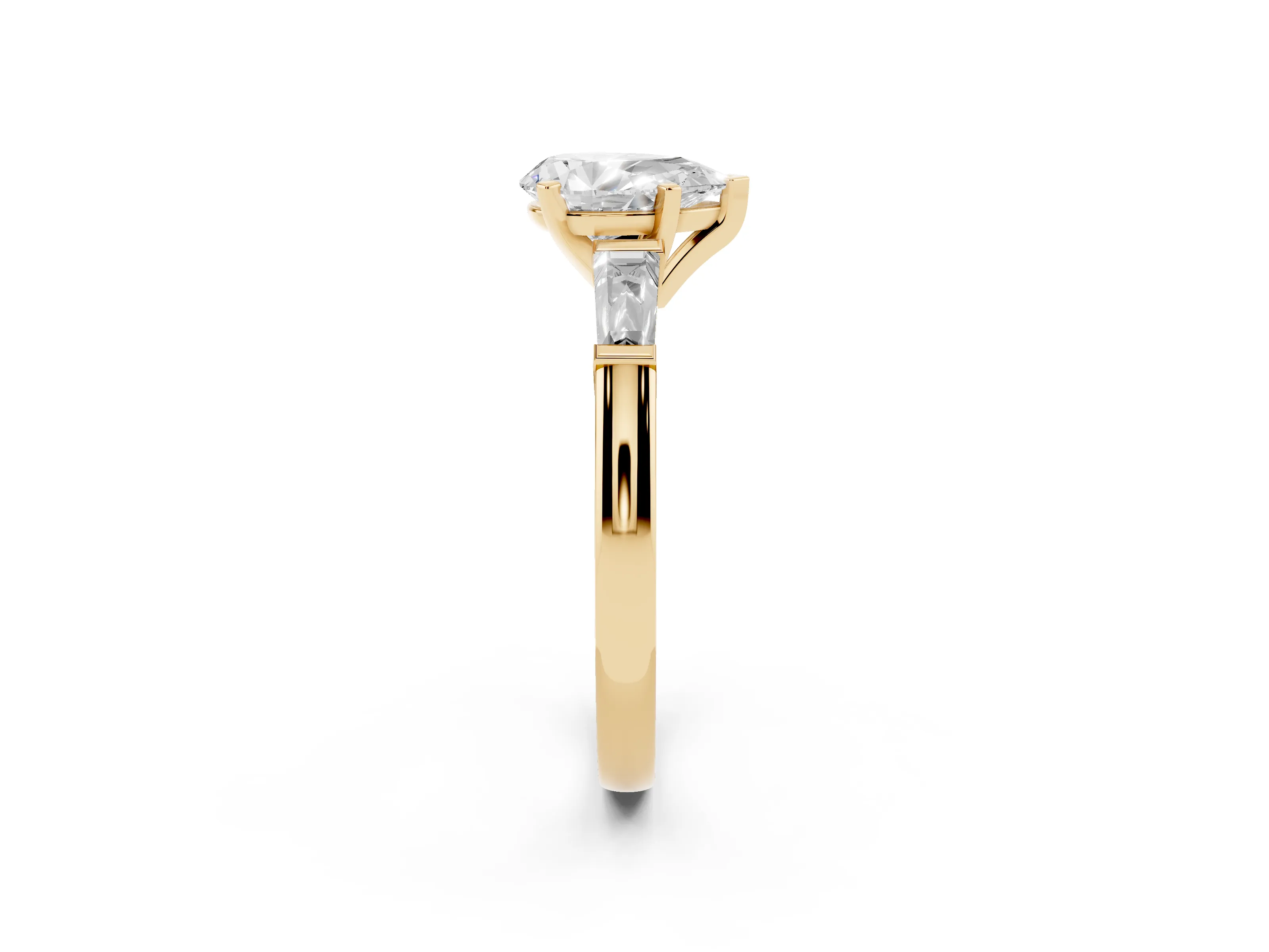 Pear Cut Diamond Solitaire Ring Set in Yellow gold with Tapered Baguette Side Stones and Prong Setting