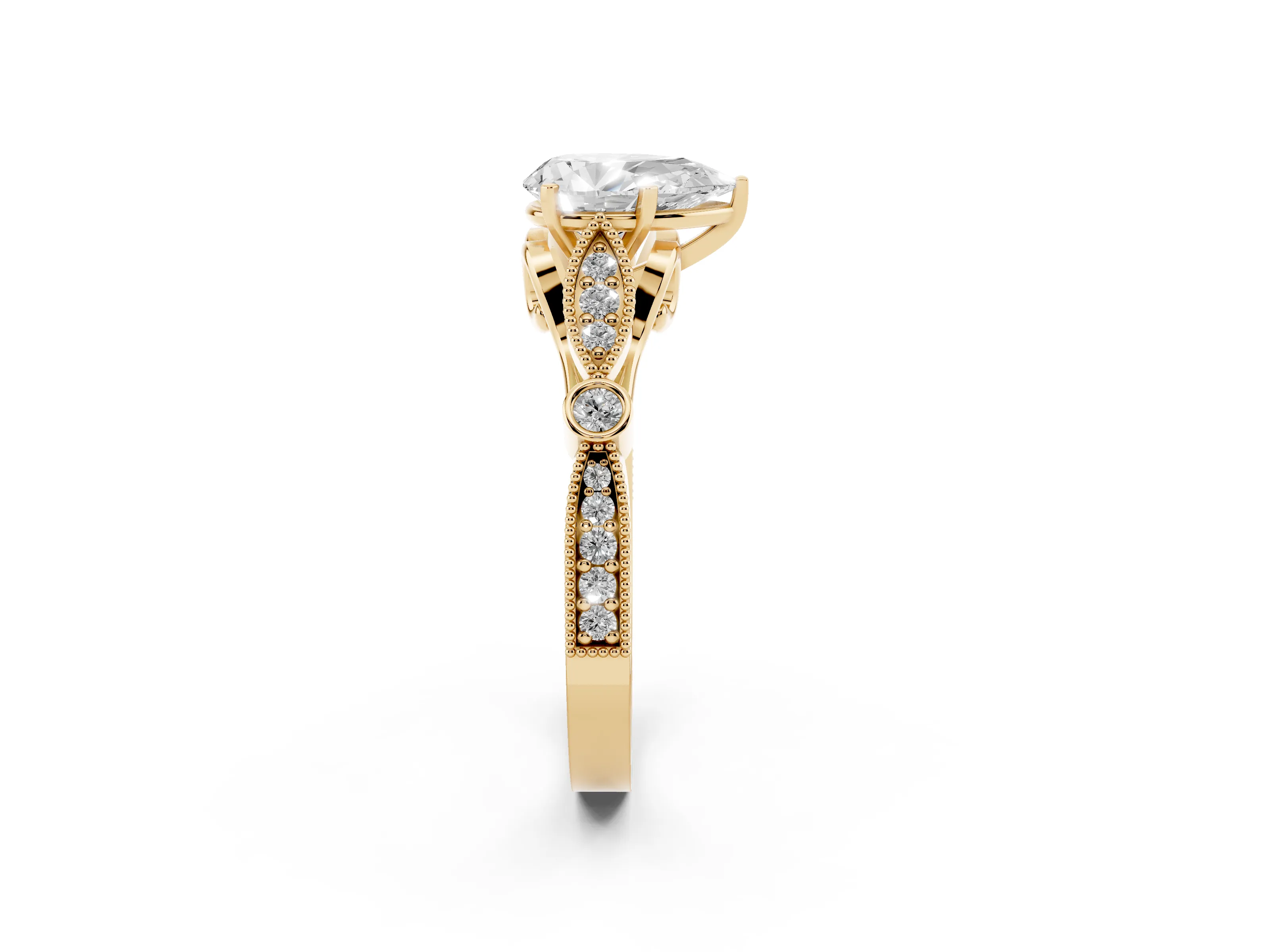 Pear Cut Diamond Solitaire Ring Set in Yellow gold with Milgrain Marquise and Bezel Accents