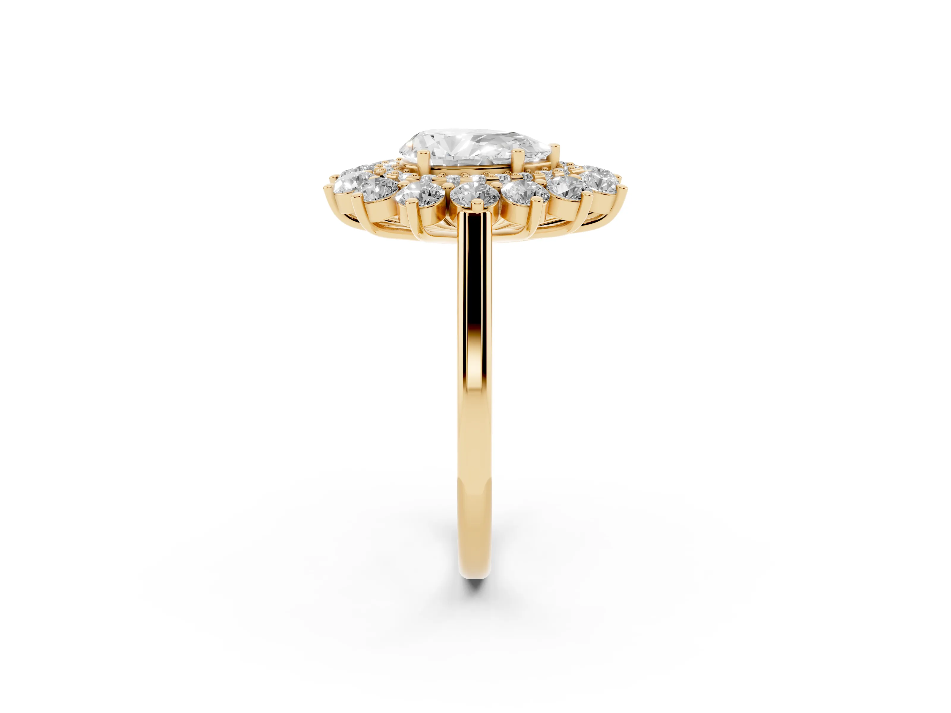 Pear Cut Diamond Floral Double Halo Ring Set in Yellow gold with Round Petals
