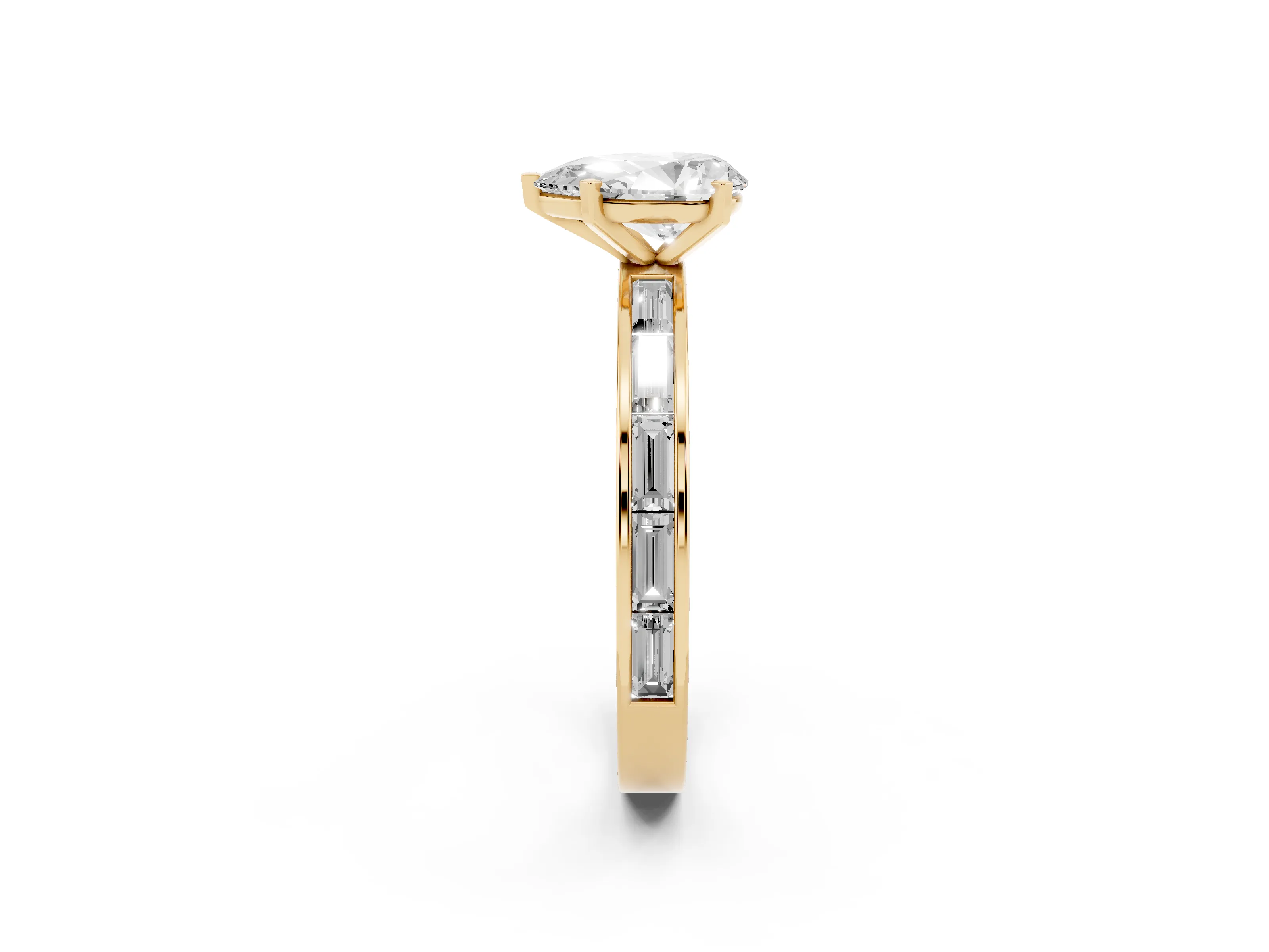 Pear Cut Diamond Solitaire Ring Set in Yellow gold with Channel-Set Baguette Band and Prong Setting