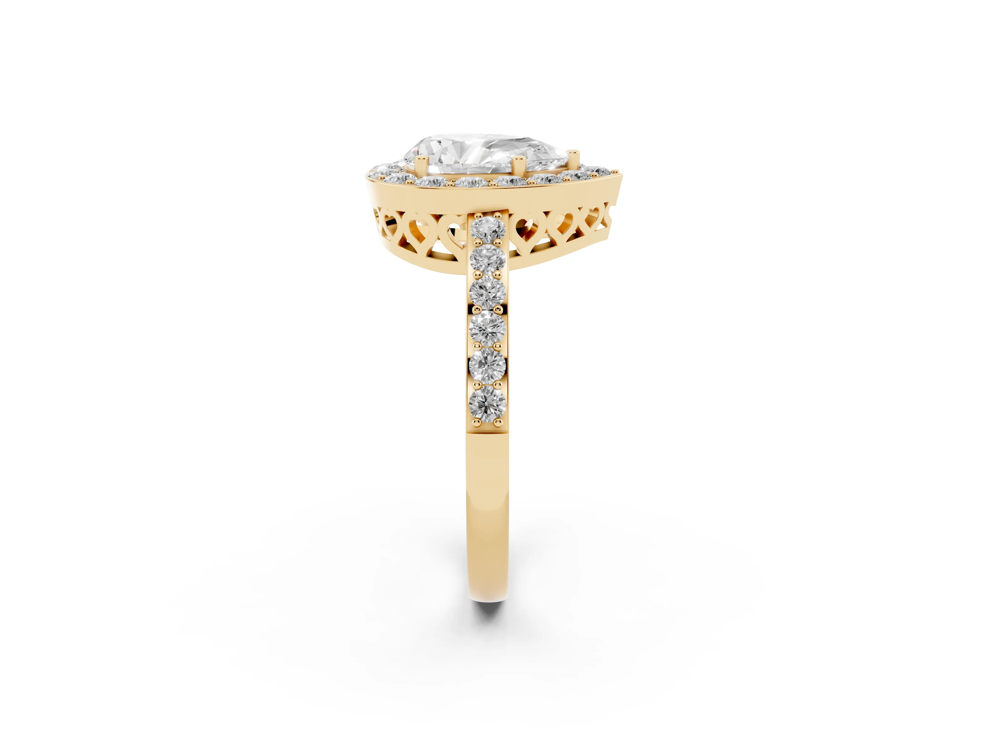Pear Cut Diamond Halo Ring Set in Yellow gold with Pavé-Setting Band and Open Prong Center