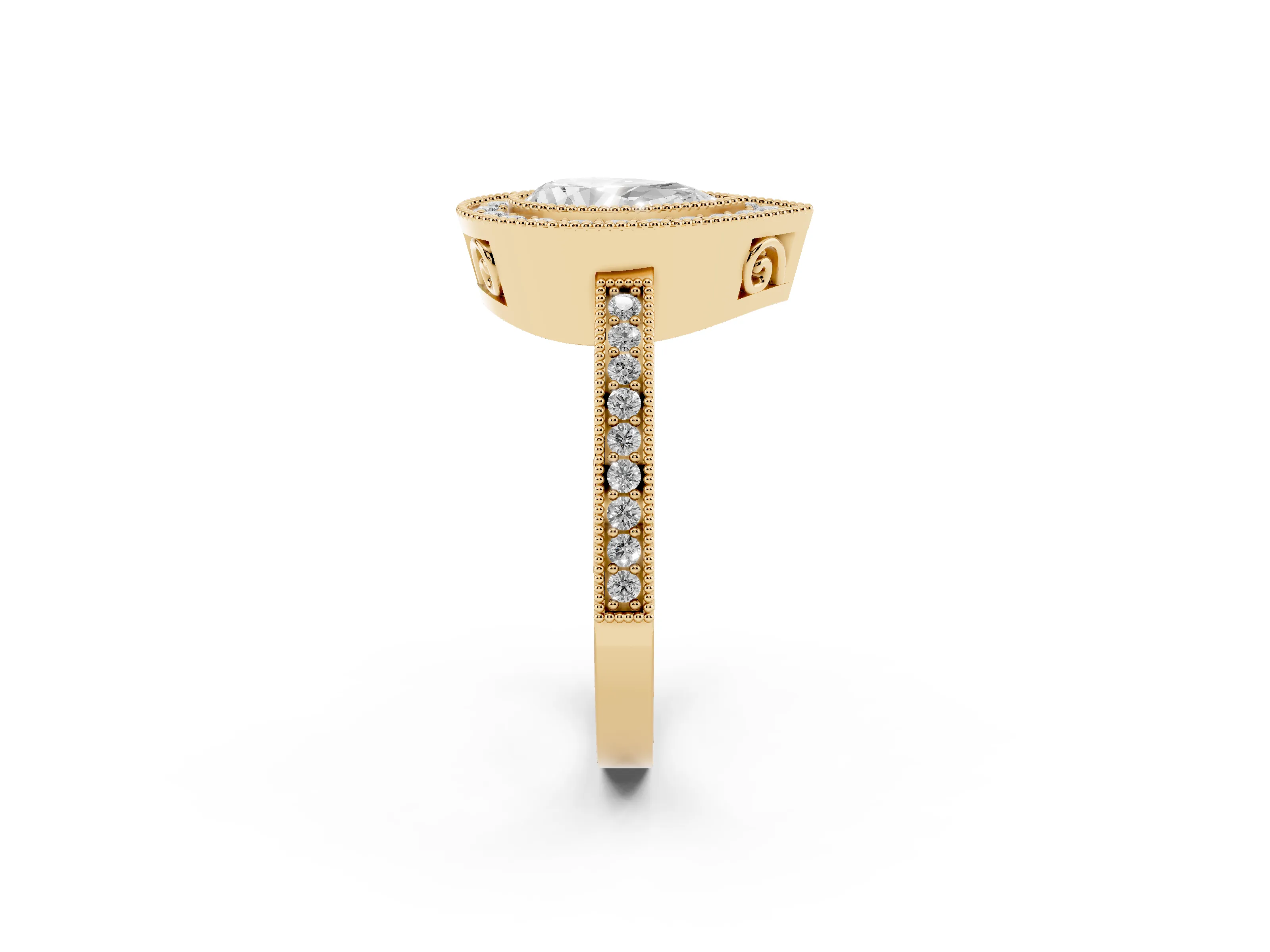 Pear Cut Diamond Round Halo Ring Set in Yellow gold with Pavé Band