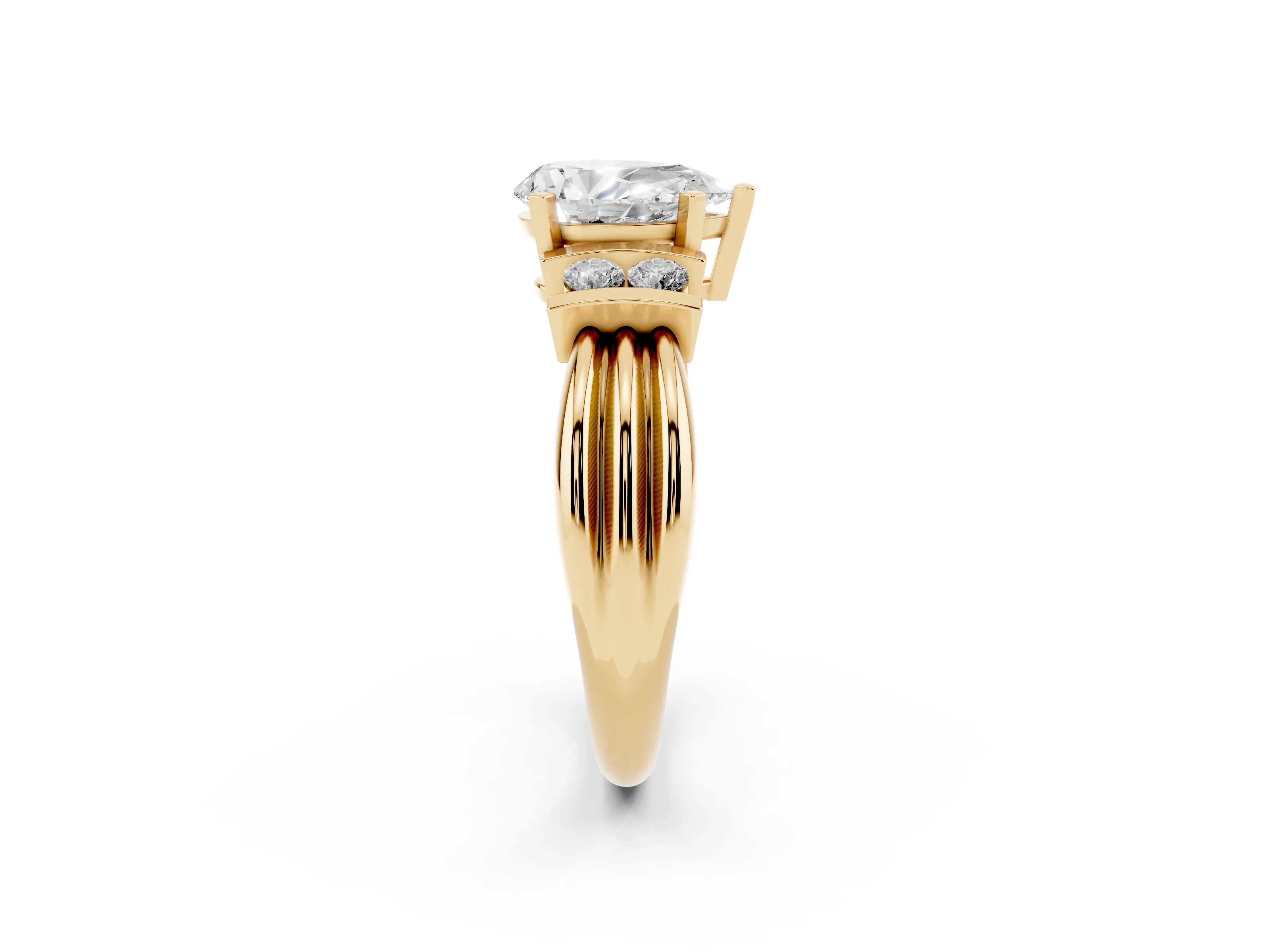 Three-Stone Pear Cut Diamond Channel Set Ring Set in Yellow gold with Bar Prongs