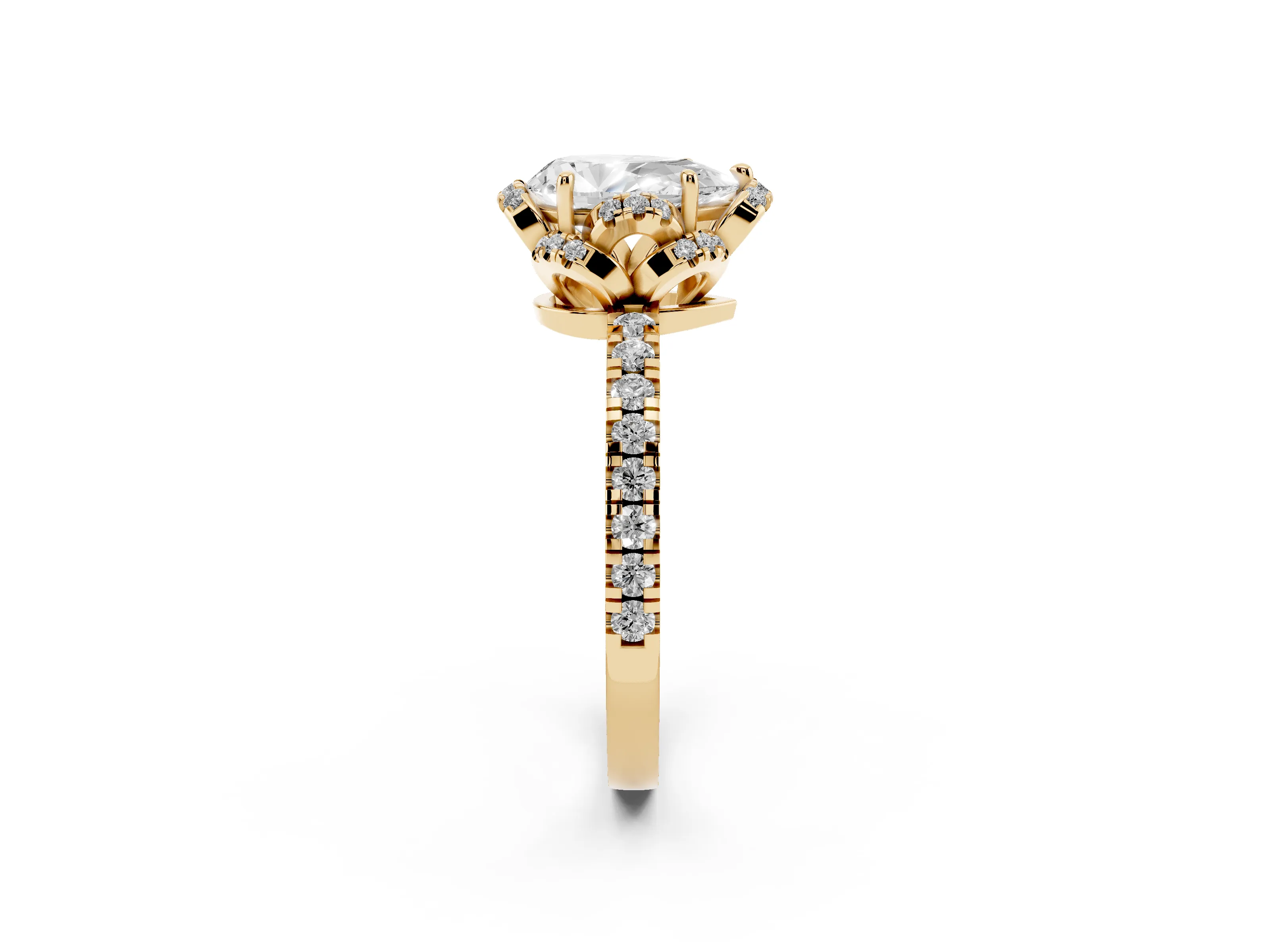 Pear Cut Diamond Halo Pavé Band Ring Set in Yellow gold with Prong-Held Center