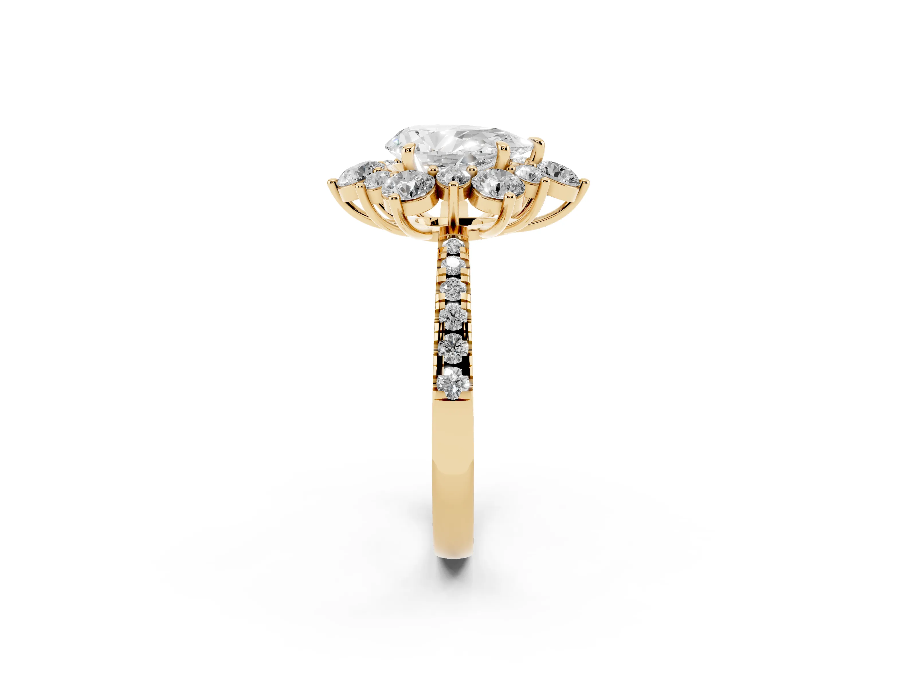 Pear Cut Diamond Floral Halo Ring Set in Yellow gold with Round Pavé Band and Prong Setting