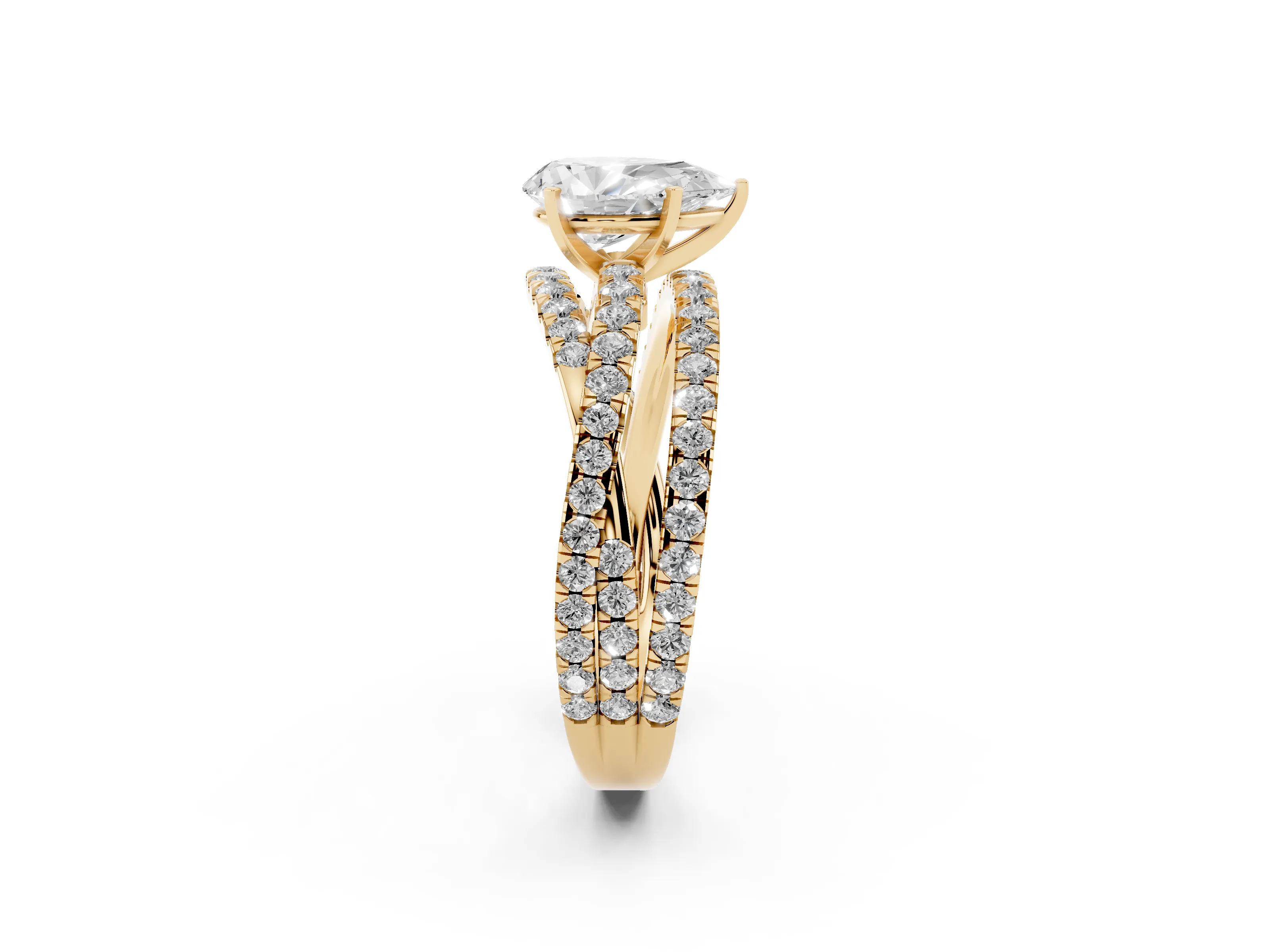 Pear Cut Diamond Solitaire Twist Band Ring Set in Yellow gold with Pavé Setting and Prong Head