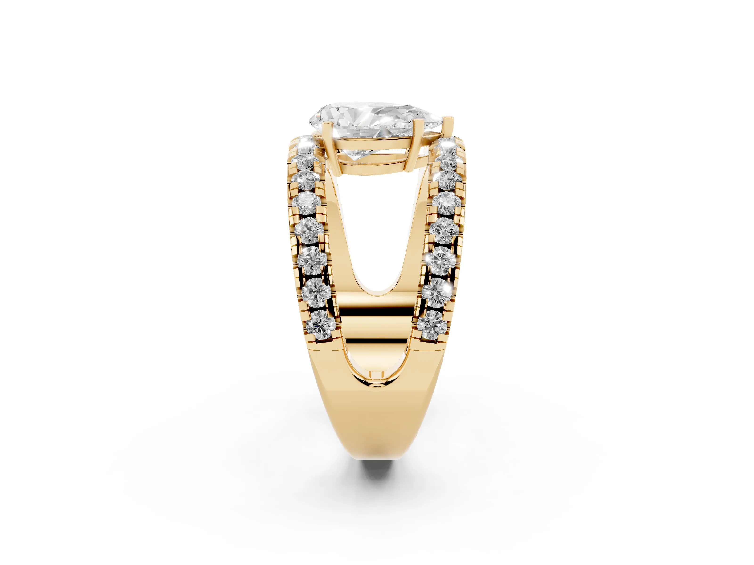 Pear Cut Diamond Split Shank Pavé Solitaire Ring Set in Yellow gold with Open Shank Design