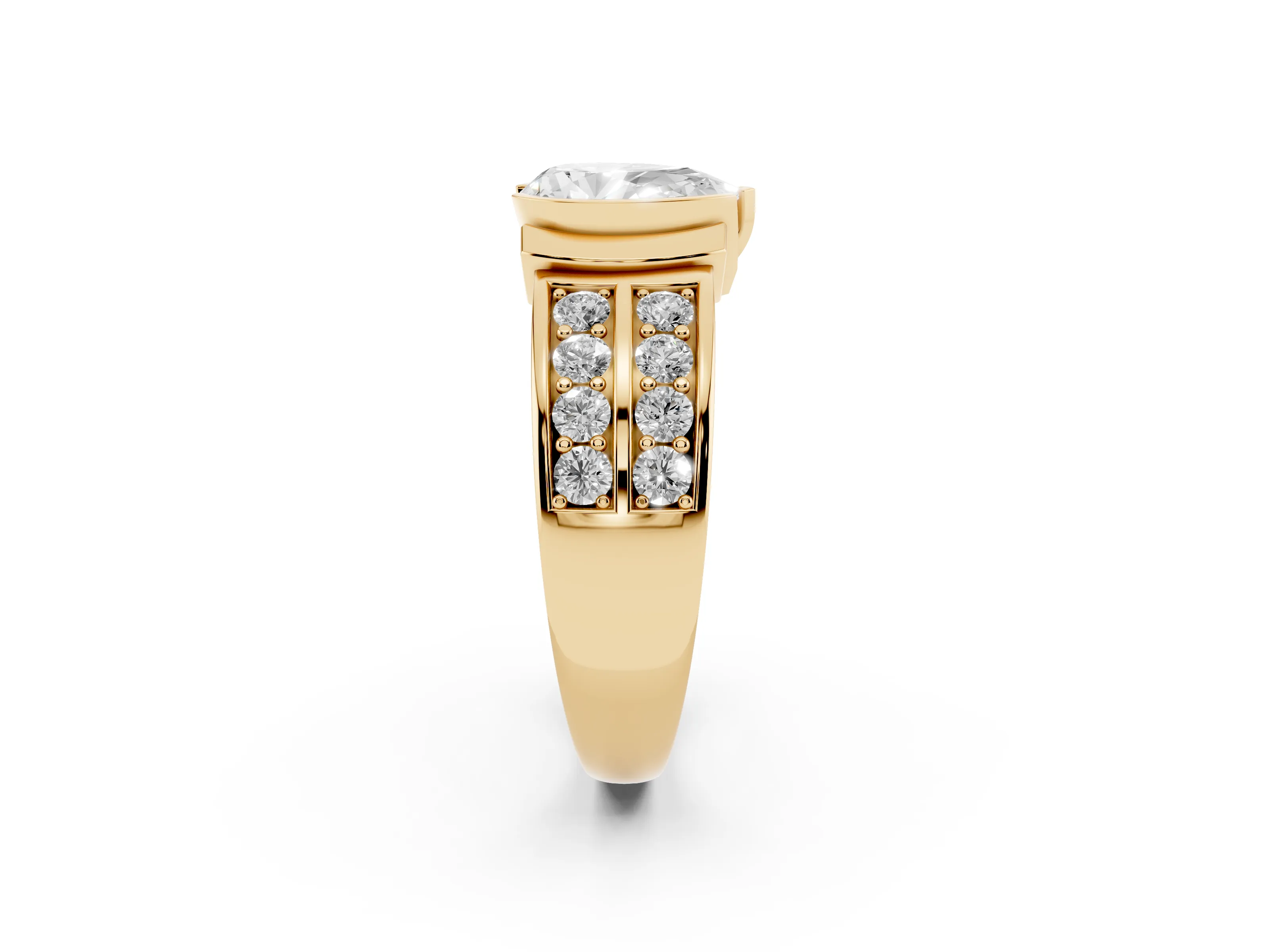 Pear Cut Diamond Wide Channel Set Band Ring Set in Yellow gold with Bezel Setting