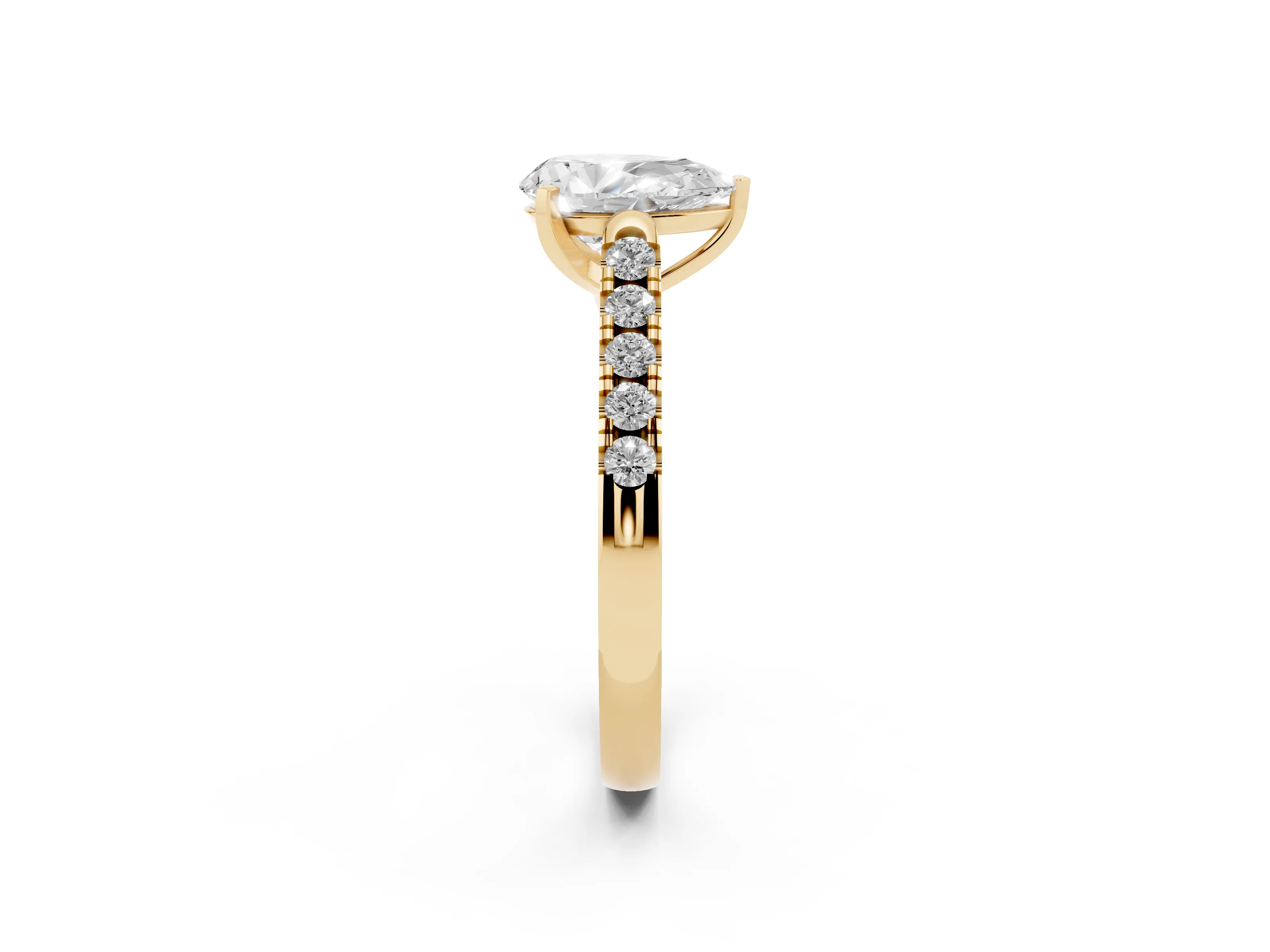 Pear Cut Diamond Pavé Band Solitaire Ring Set in Yellow gold with Partway Accent Stones and Prong Setting
