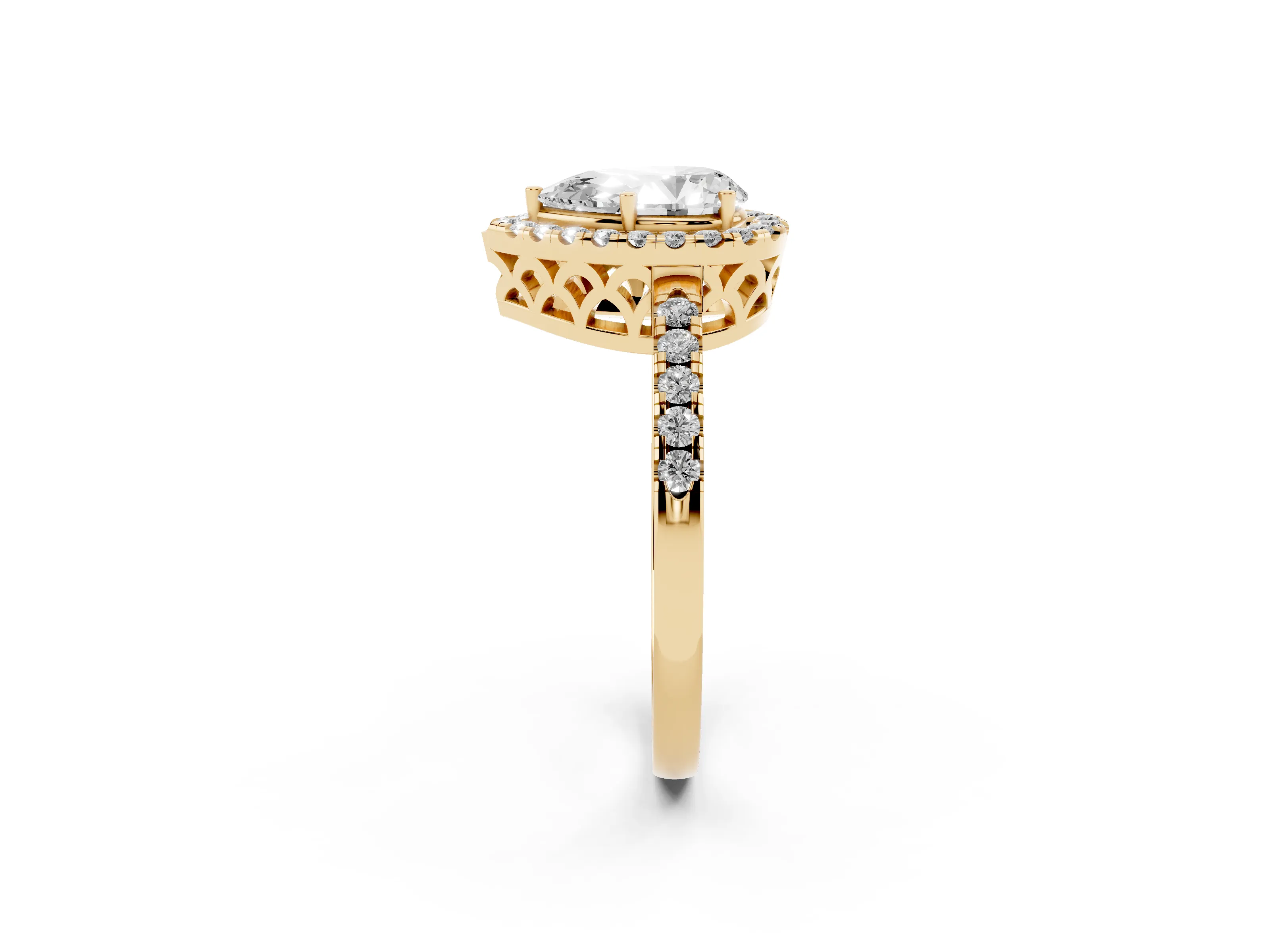 Pear Cut Diamond Pavé Band Halo Engagement Ring Set in Yellow gold with Prong Setting