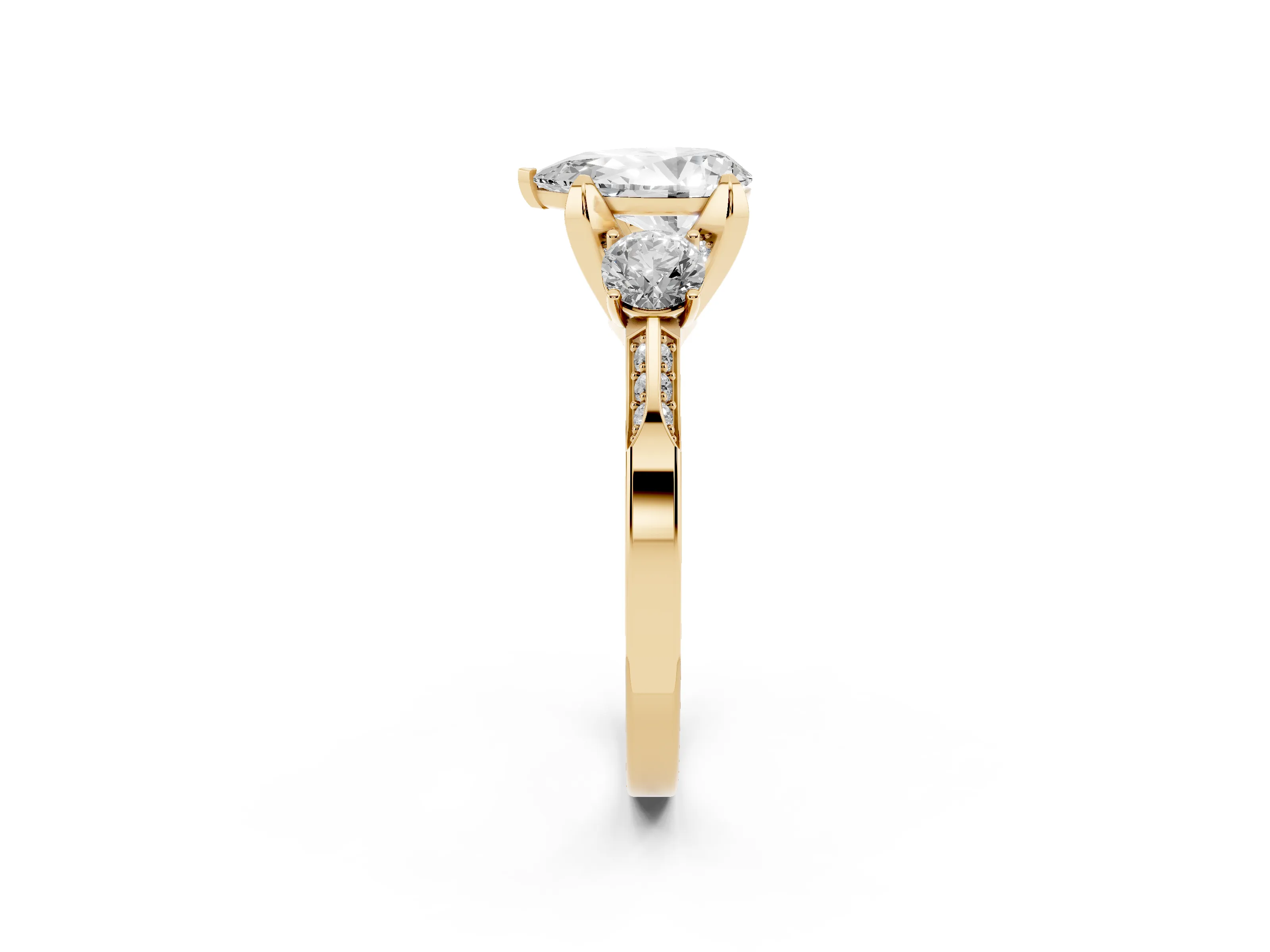 Pear Cut Diamond Three-Stone Ring Set in Yellow gold with Pavé Band and Smaller Side Stones