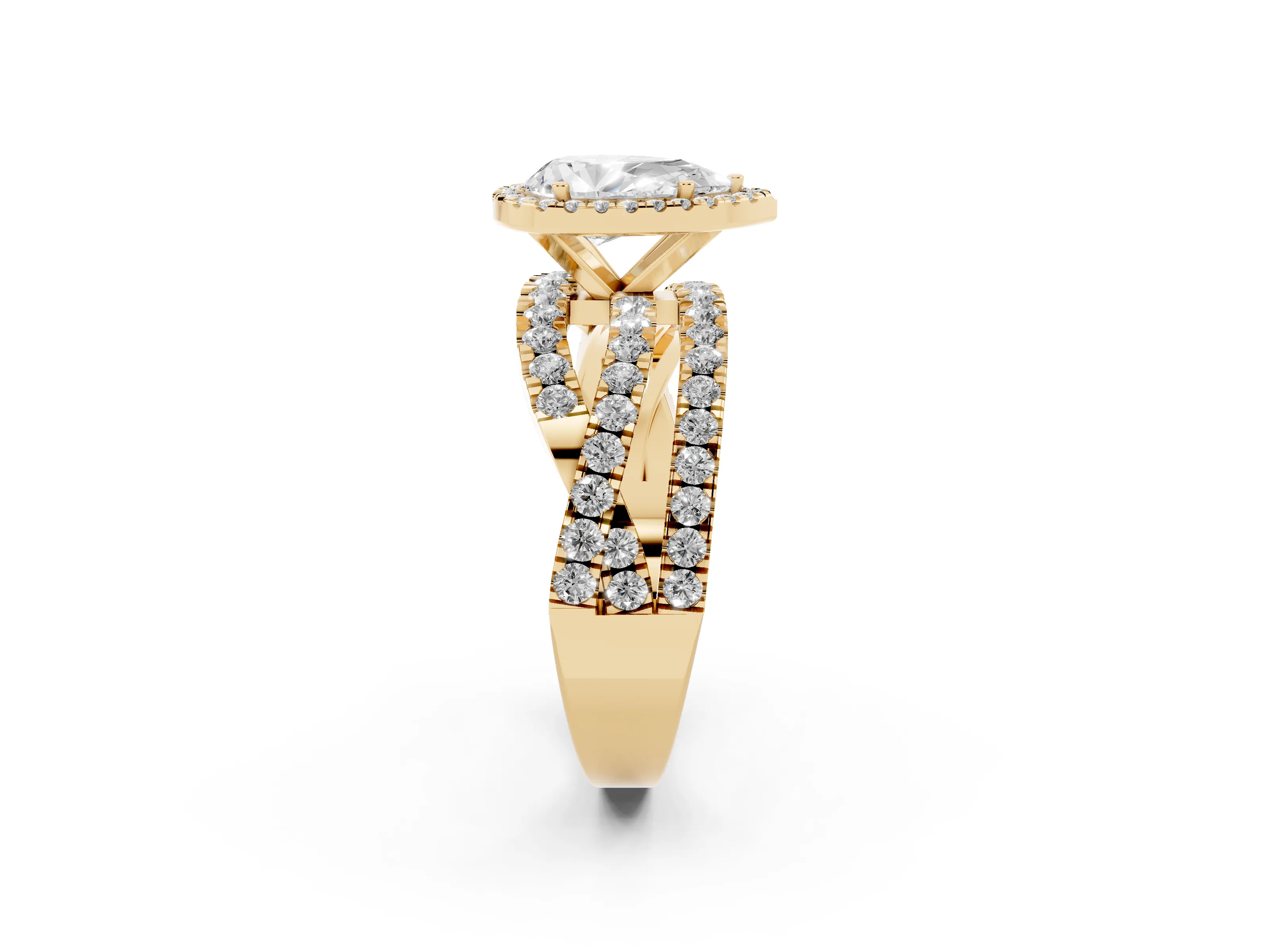 Pear Cut Diamond Halo Ring Set in Yellow gold with Round Crossover Split Shank and Prong Setting