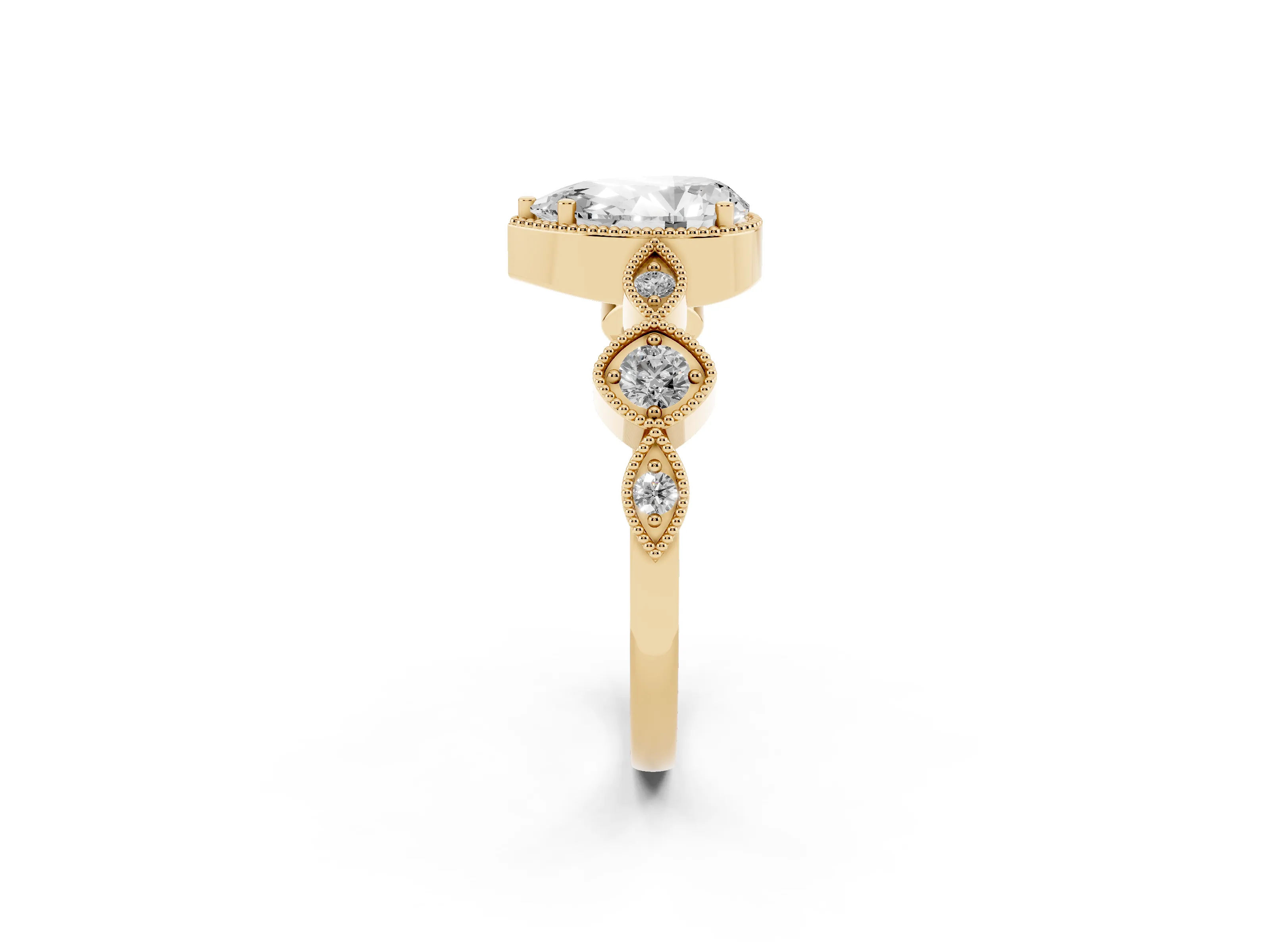 Pear Cut Diamond Vintage-Inspired Milgrain Ring Set in Yellow gold with Marquise Stations of Round Accents