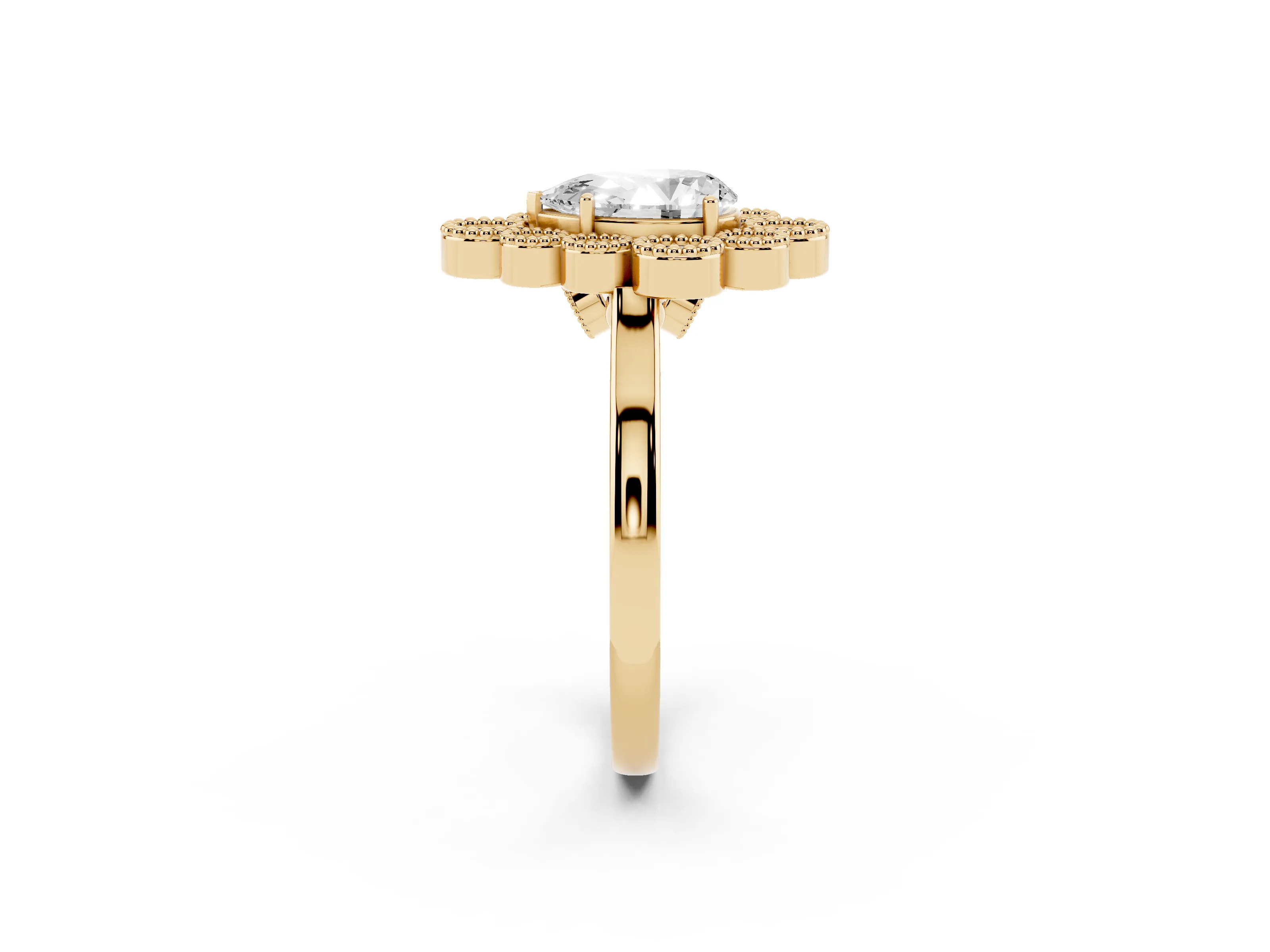 Pear Cut Diamond Cluster Halo Ring Set in Yellow gold with Milgrain Bezel Accents and Plain Band