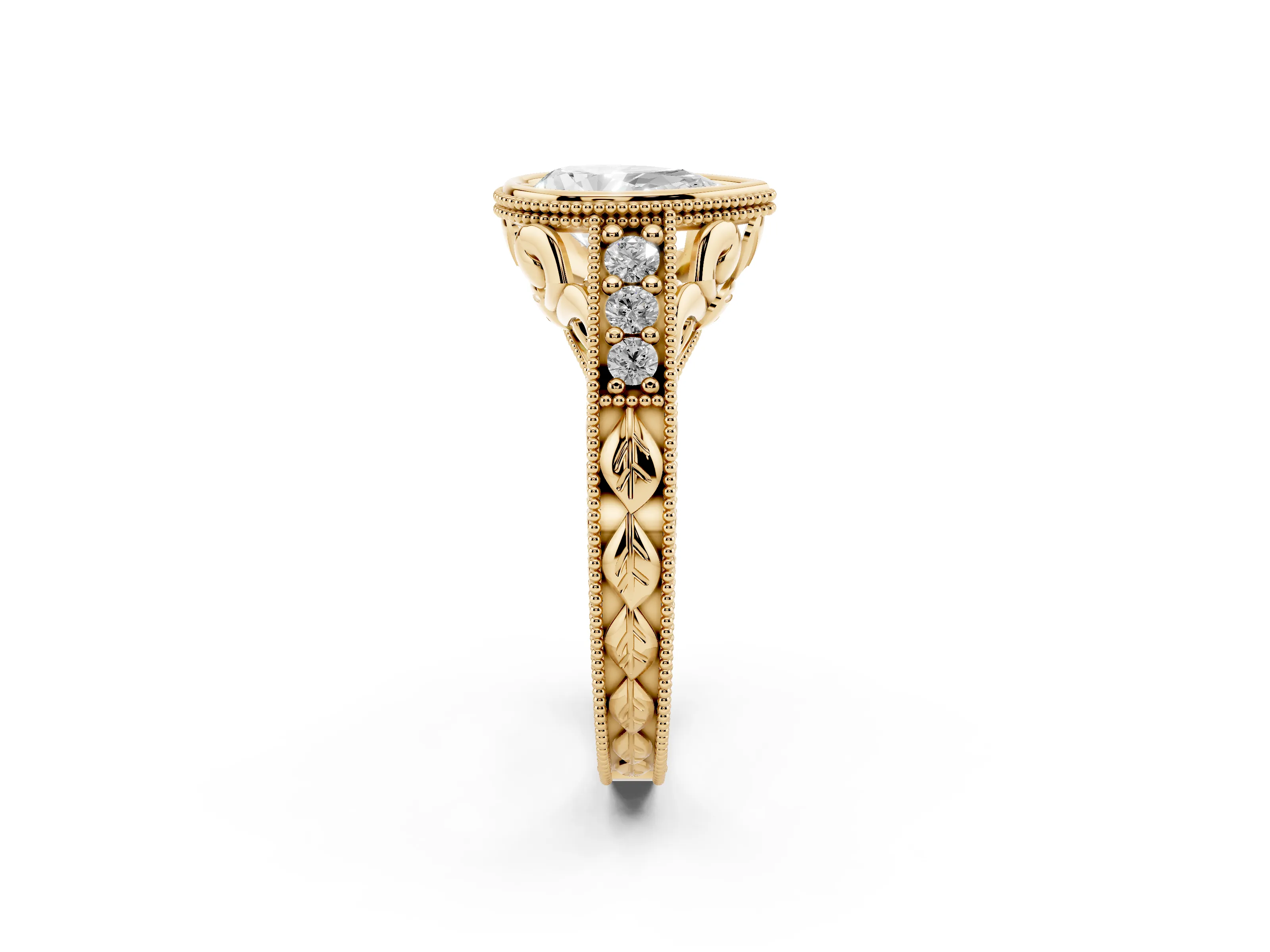 Bezel Set Pear Cut Diamond Milgrain Pavé Engagement Ring Set in Yellow gold
