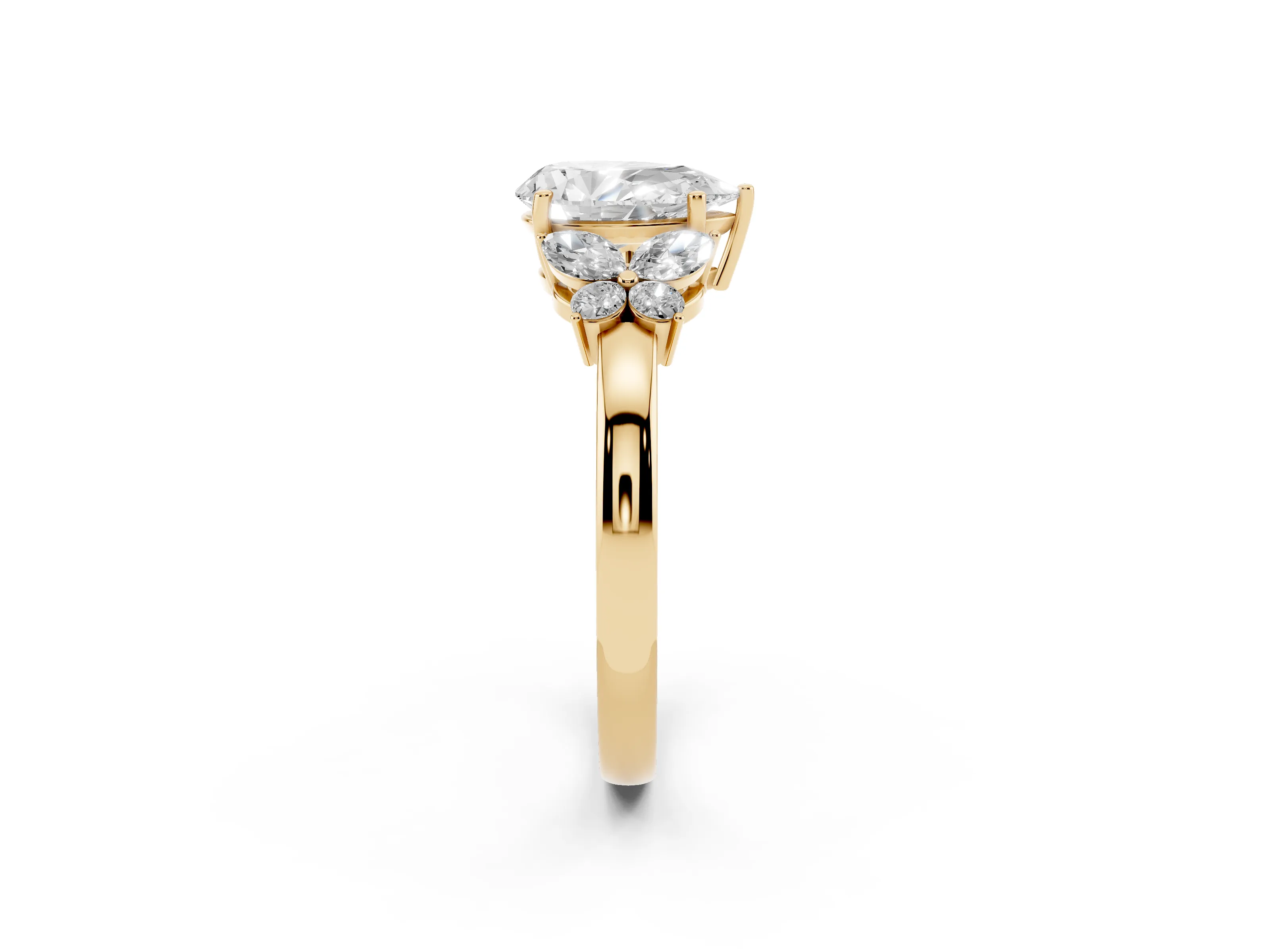 Pear Cut Diamond Solitaire Floral Ring Set in Yellow gold with Marquise Petals and Prong Setting