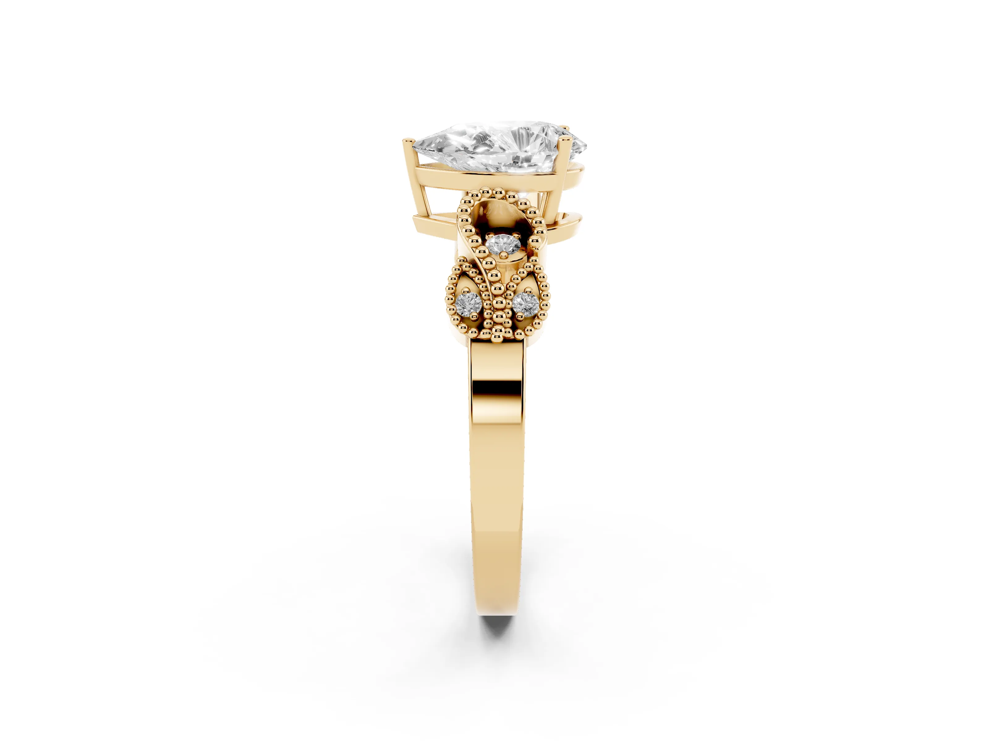 Pear Cut Diamond Milgrain Leaf Band Solitaire Ring Set in Yellow gold with Accent Stones and Prong Setting