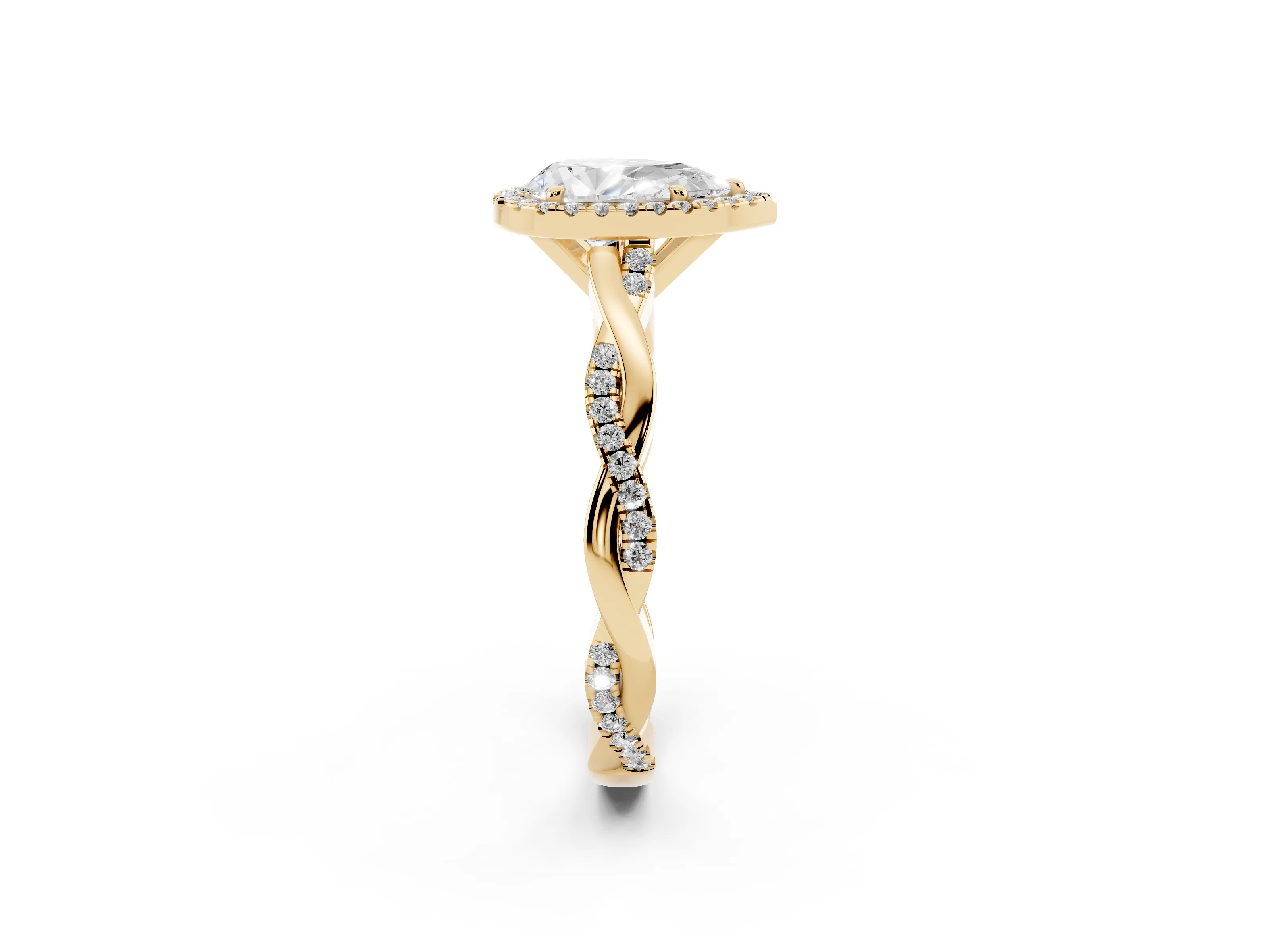Pear Cut Diamond Halo Twisted Band Ring Set in Yellow gold with Prong Setting