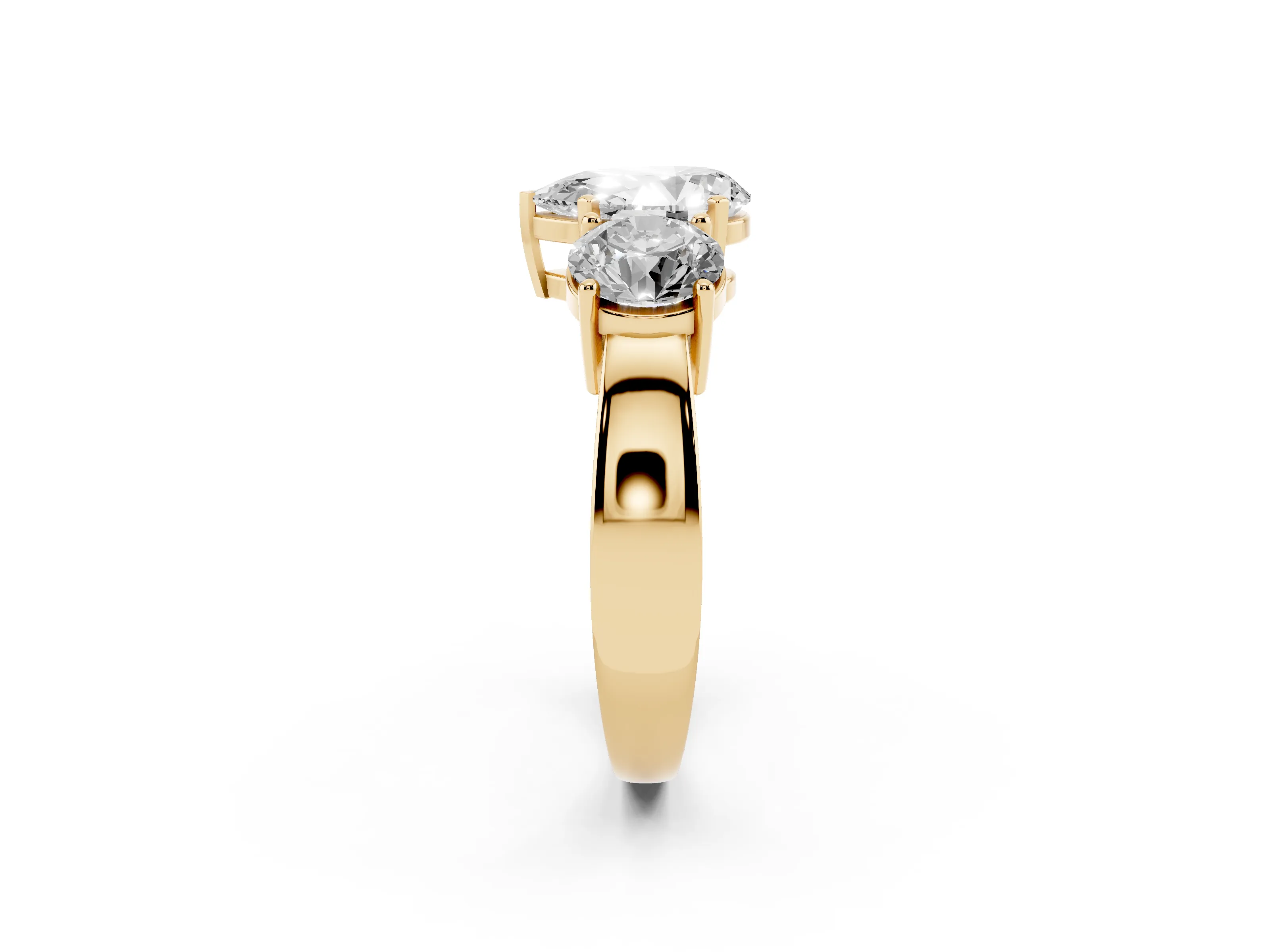 Pear Cut Diamond Three-Stone Ring Set in Yellow gold with Round Side Stones and Classic Band