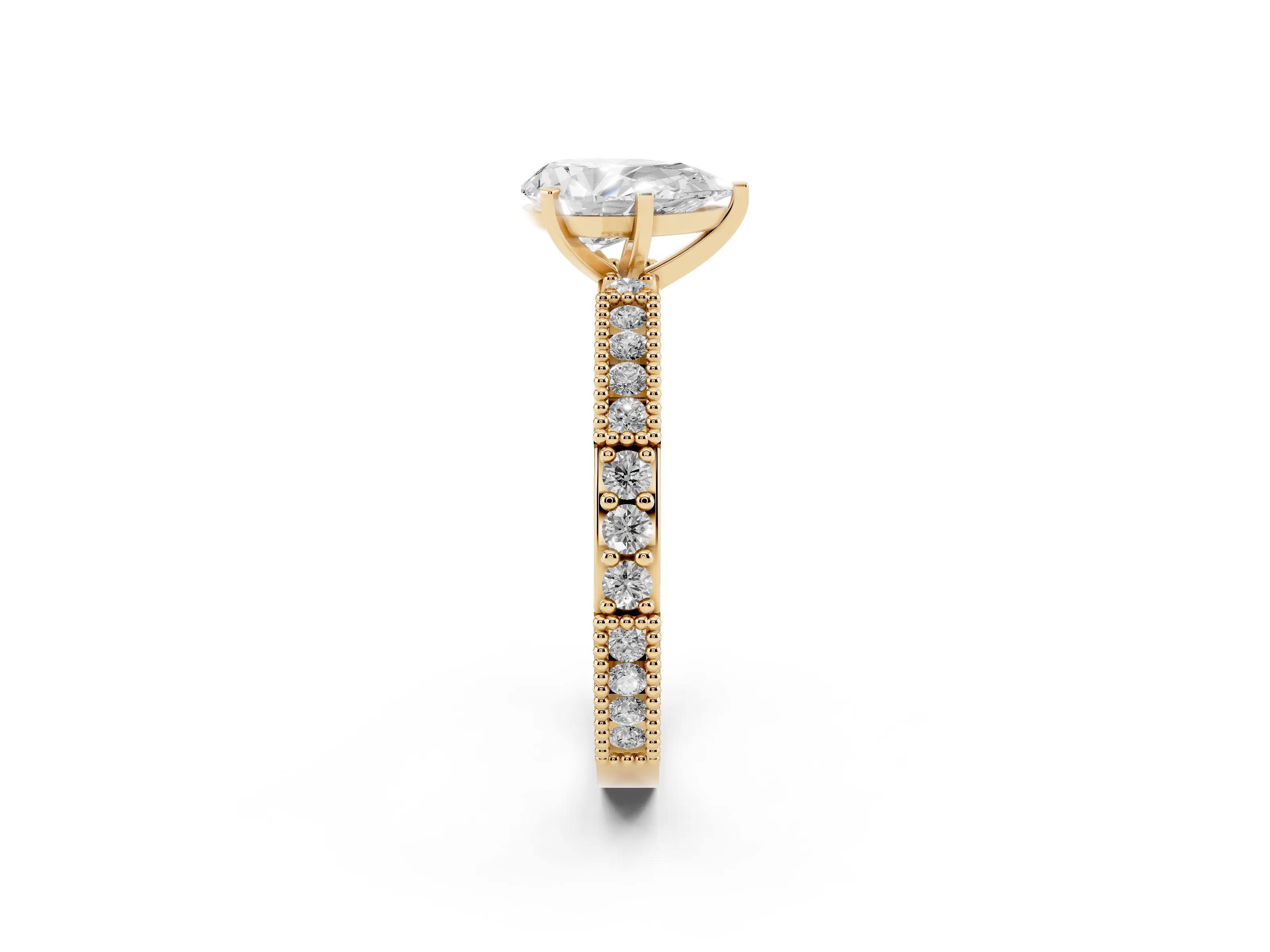 Pear Cut Diamond Solitaire Ring Set in Yellow gold with Slim Pavé Band and Prong Setting