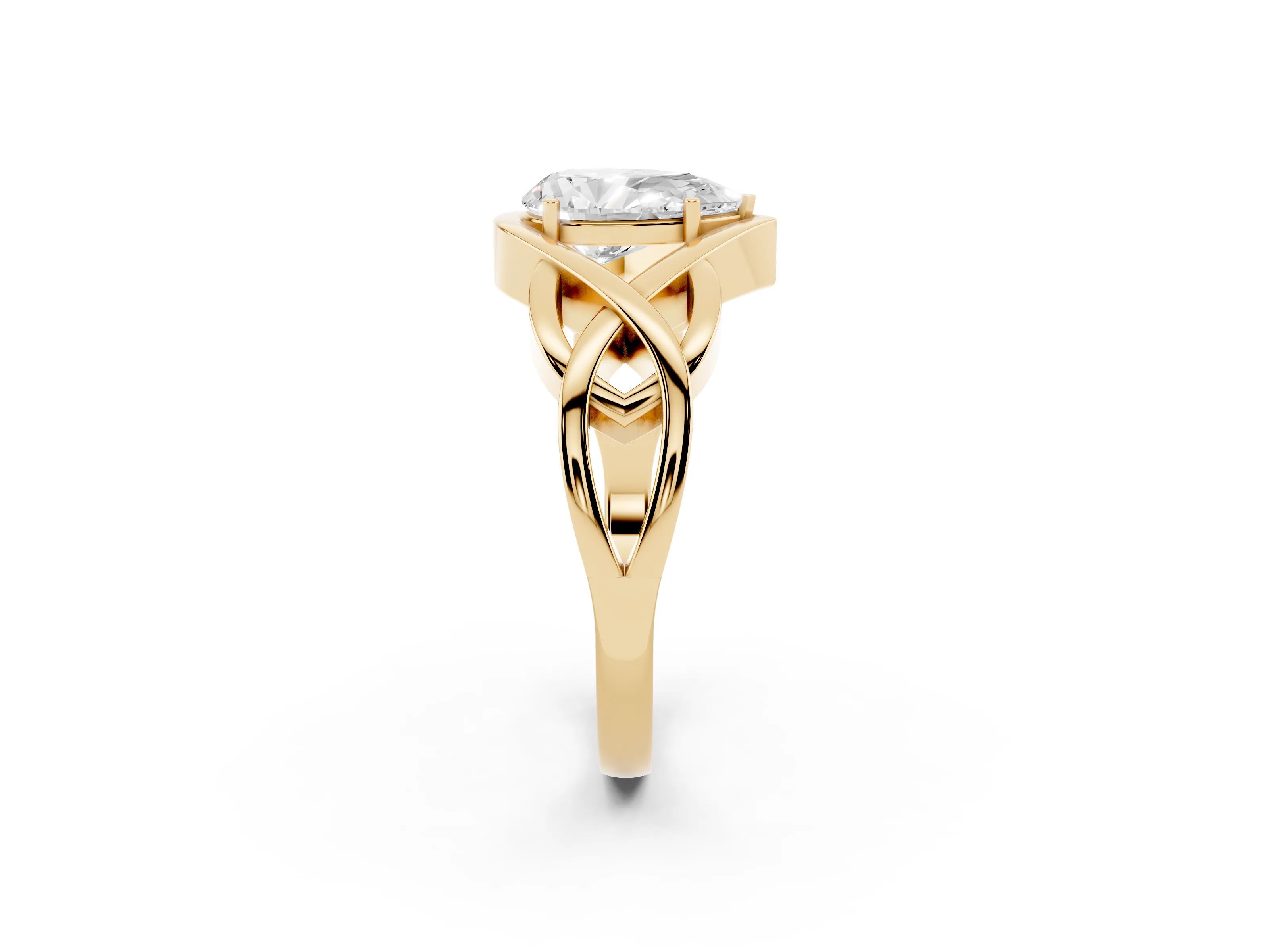 Pear Cut Diamond Solitaire Ring Set in Yellow gold with Intertwined Band