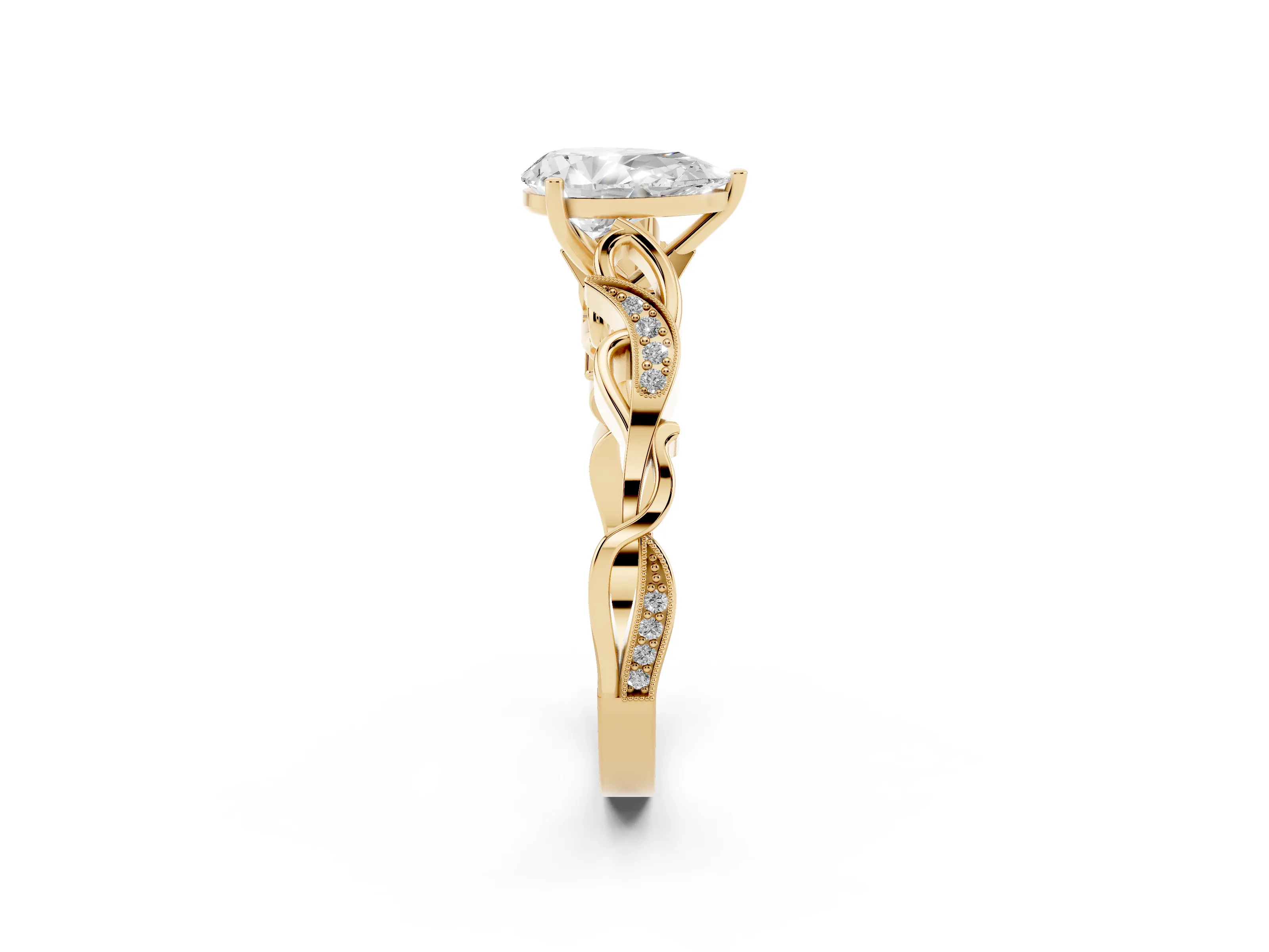 Pear Cut Diamond Vine Band Solitaire Ring Set in Yellow gold with Milgrain Prong Setting