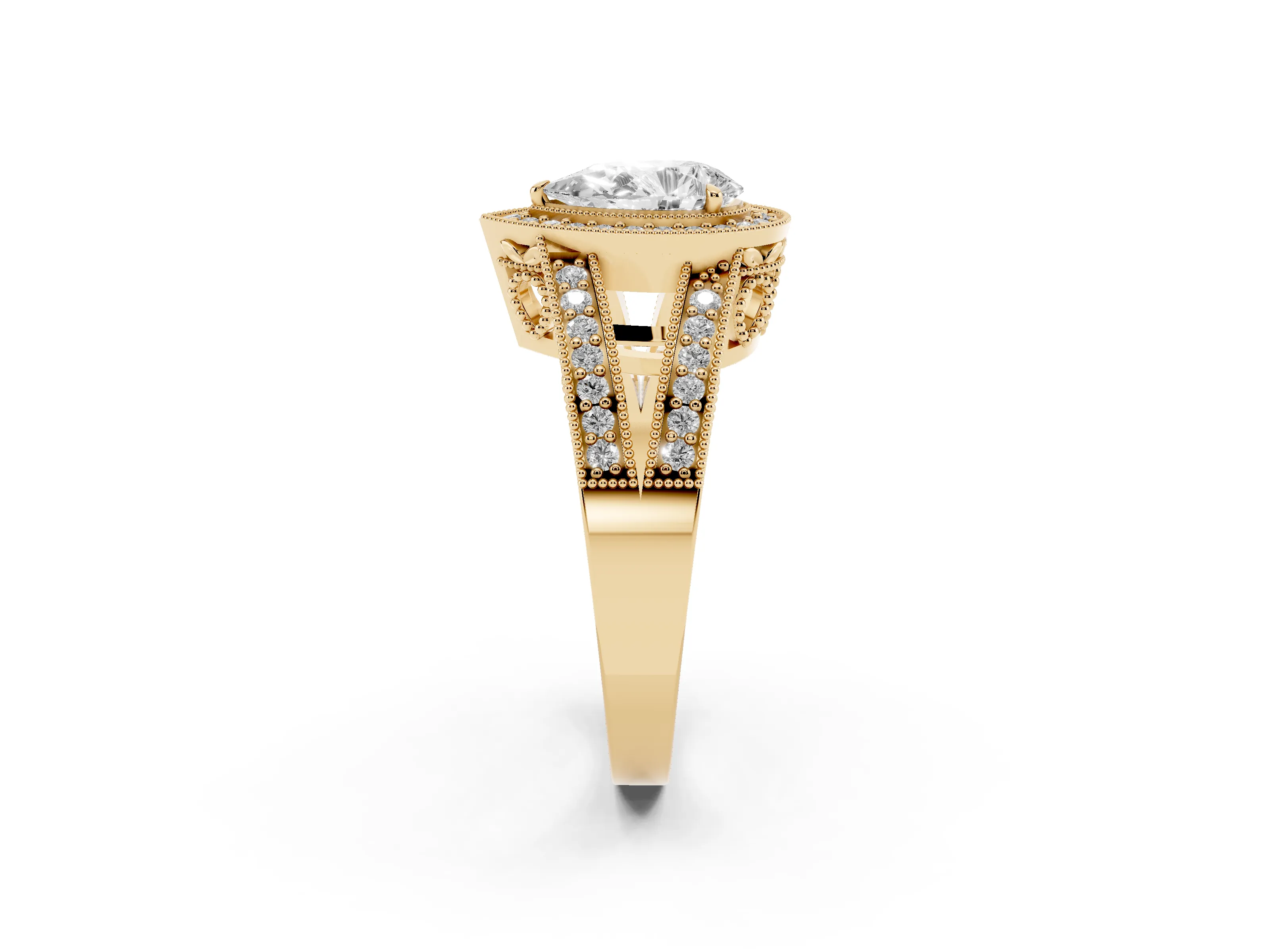 Pear Cut Diamond Halo Ring Set in Yellow gold with Stone-Set Split Shank and Milgrain Edges