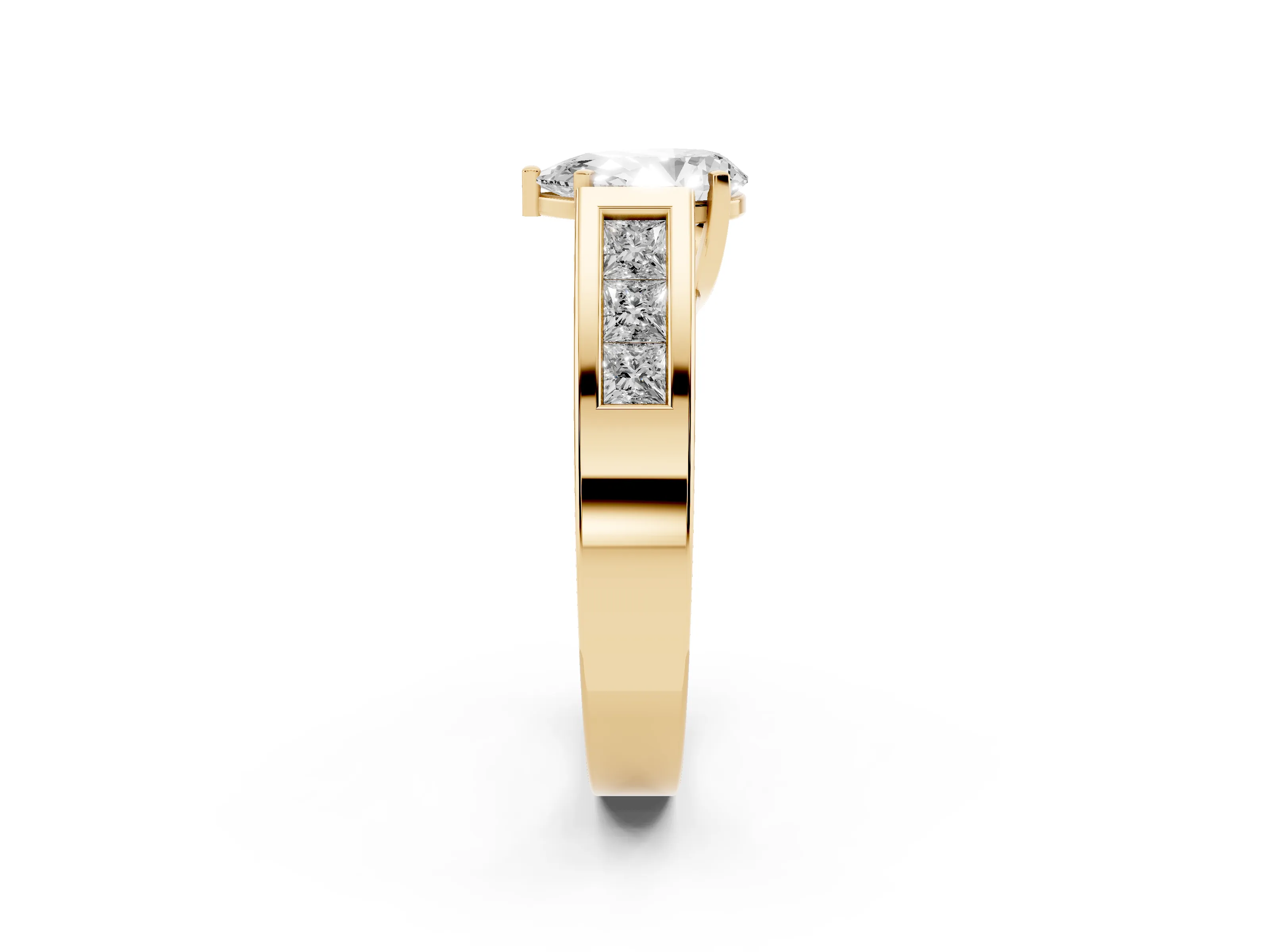 Pear Cut Diamond Solitaire Ring Set in Yellow gold with Channel-Set Accent Stones and Prong Setting