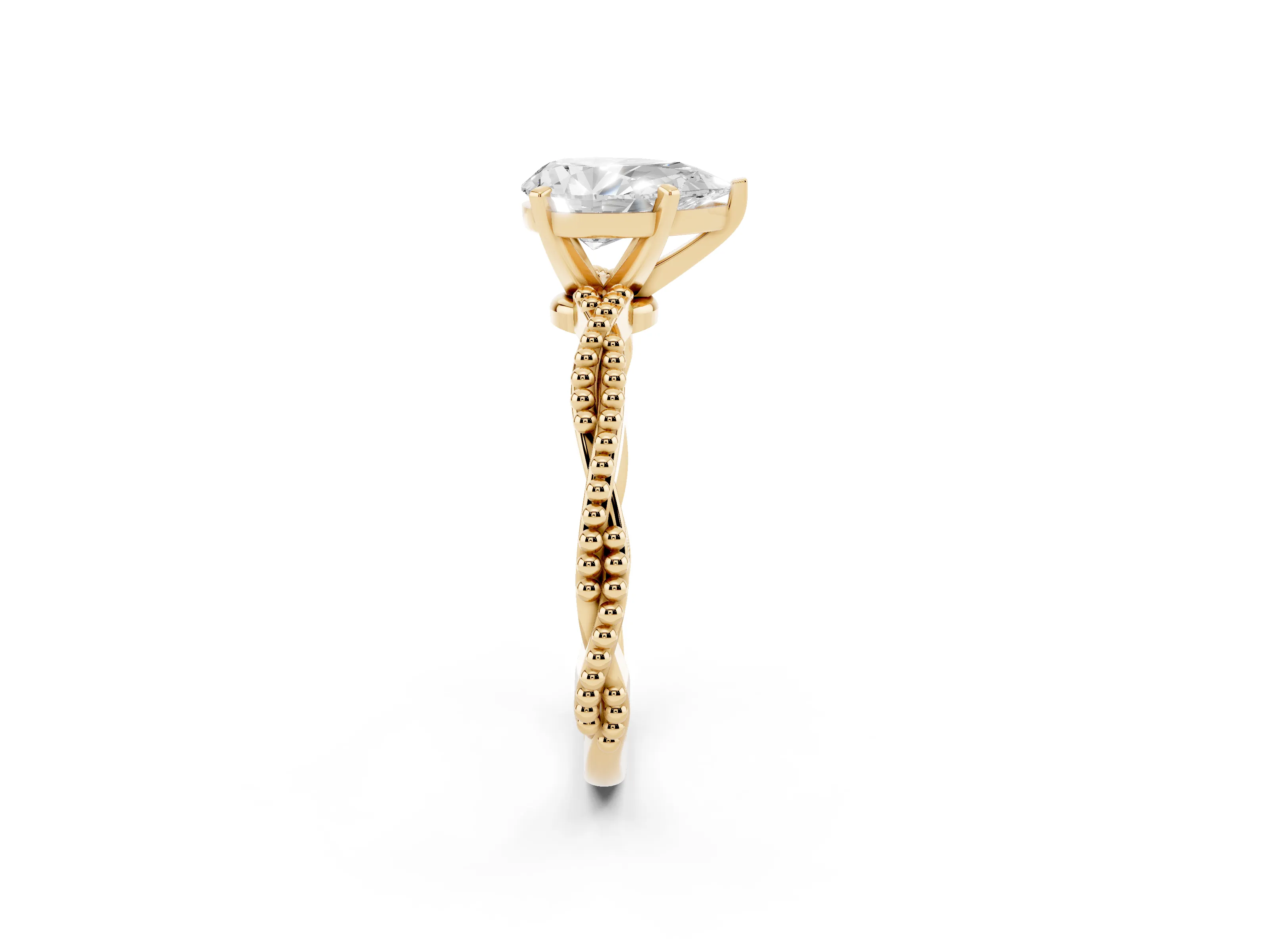 Pear Cut Diamond Solitaire Ring Set in Yellow gold with Twisted Band and Bead Prong Setting