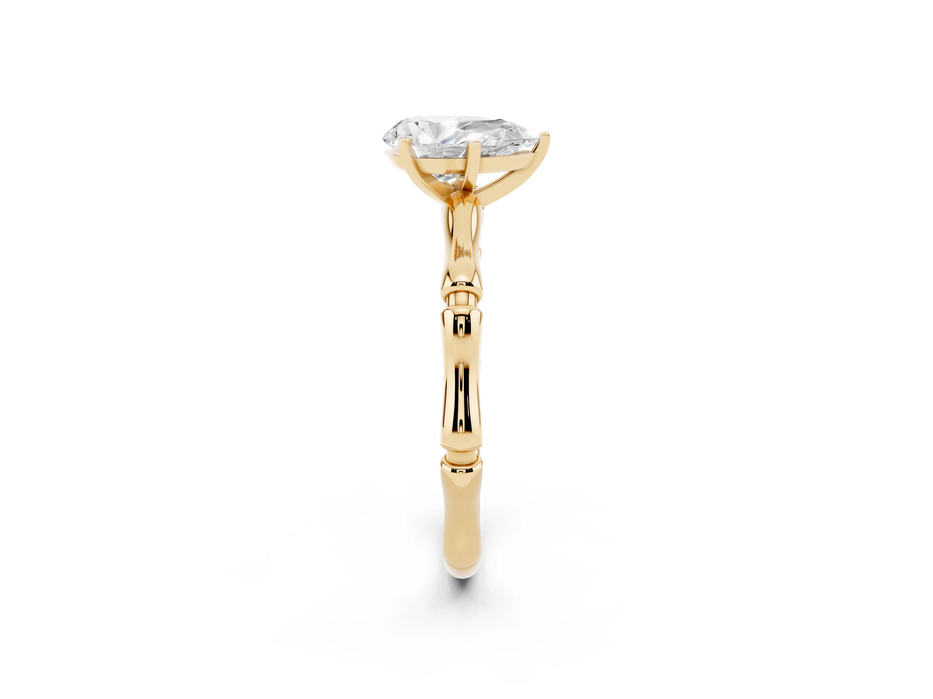 Pear Cut Diamond Solitaire Ring Set in Yellow gold with Bamboo Band and Prong Setting