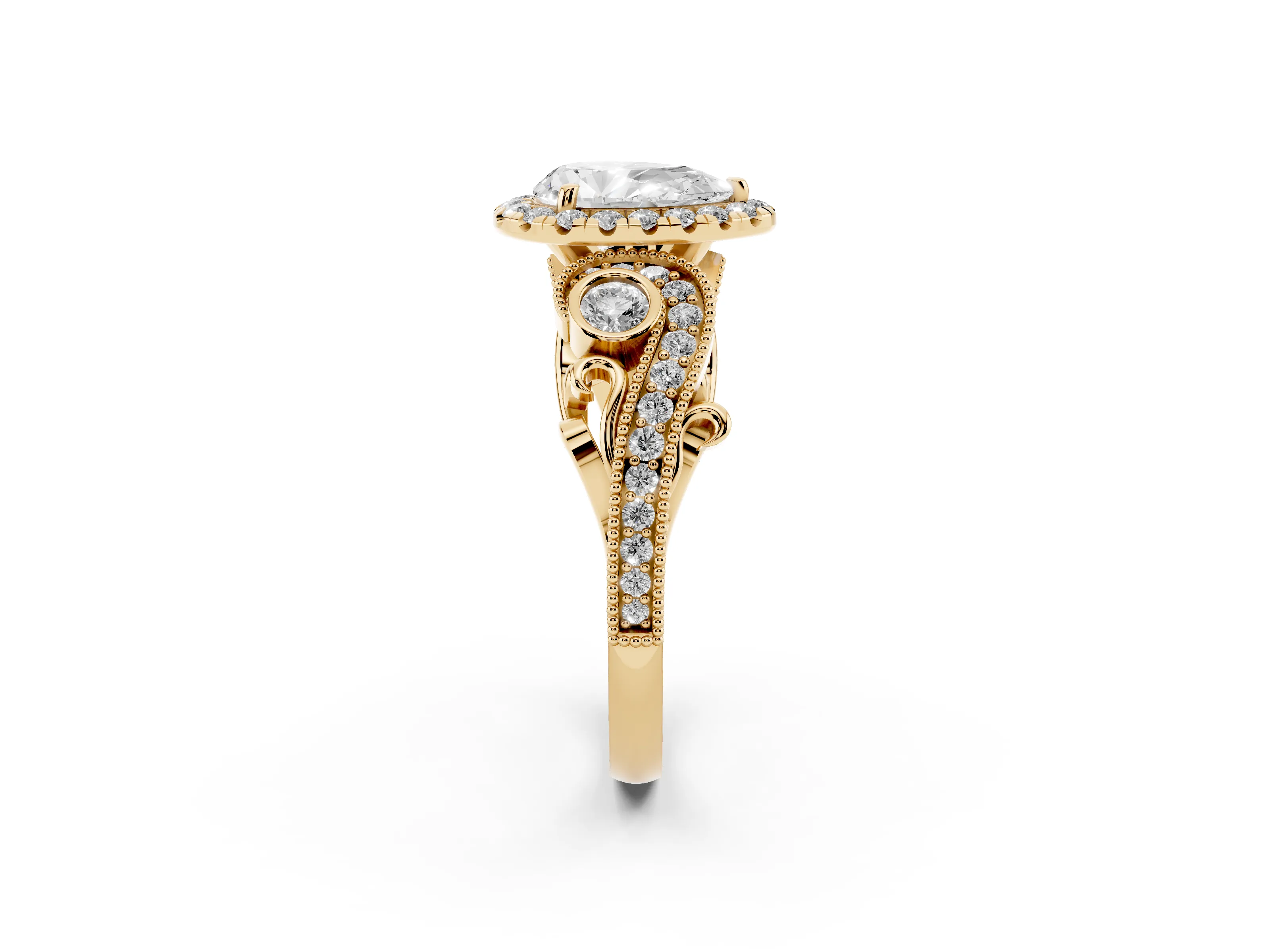 Pear Cut Diamond Halo Ring Set in Yellow gold with Milgrain Pavé Band and Prong Setting
