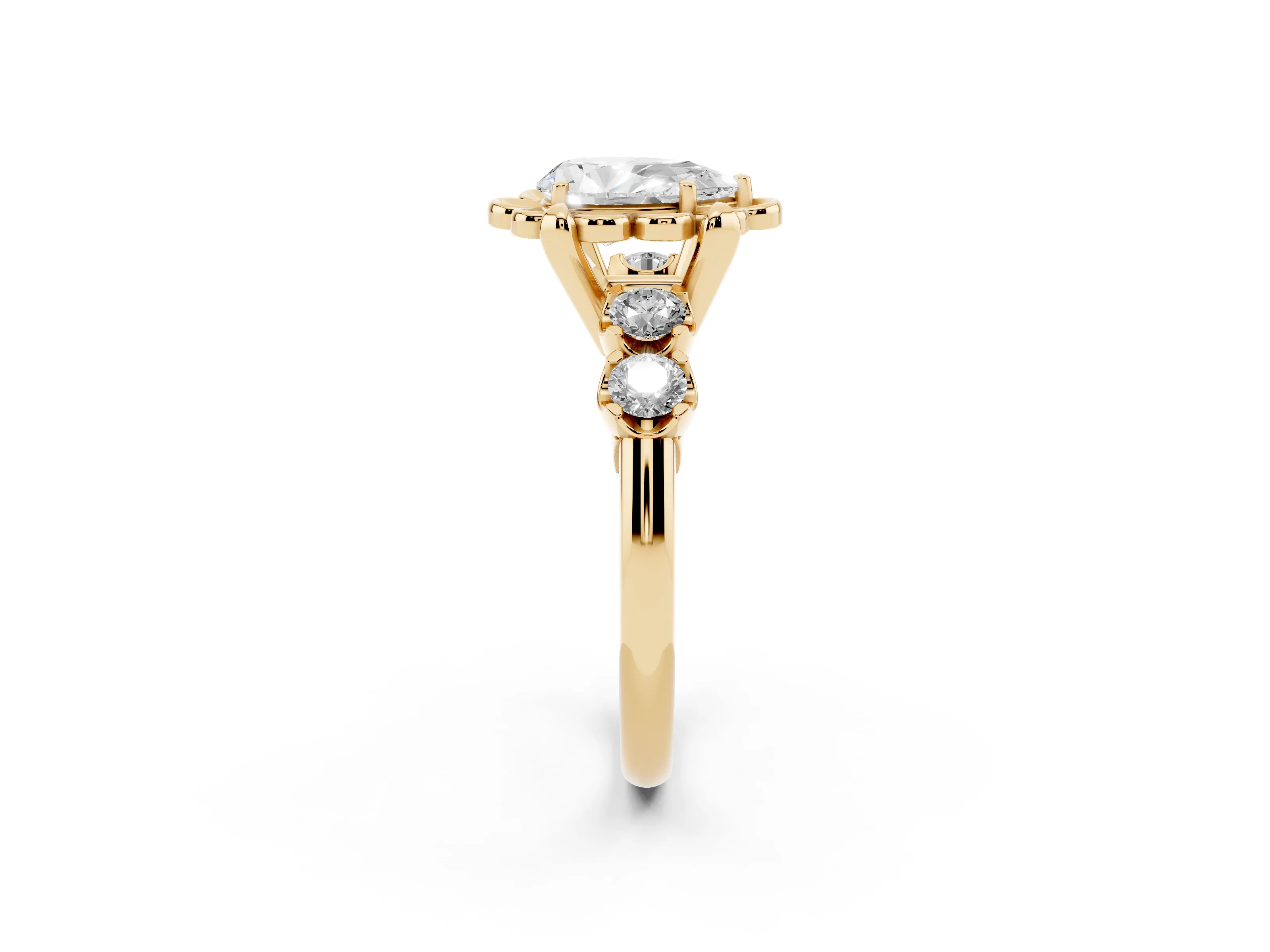 Pear Cut Diamond Floral Halo Ring Set in Yellow gold with Shared Prong Band