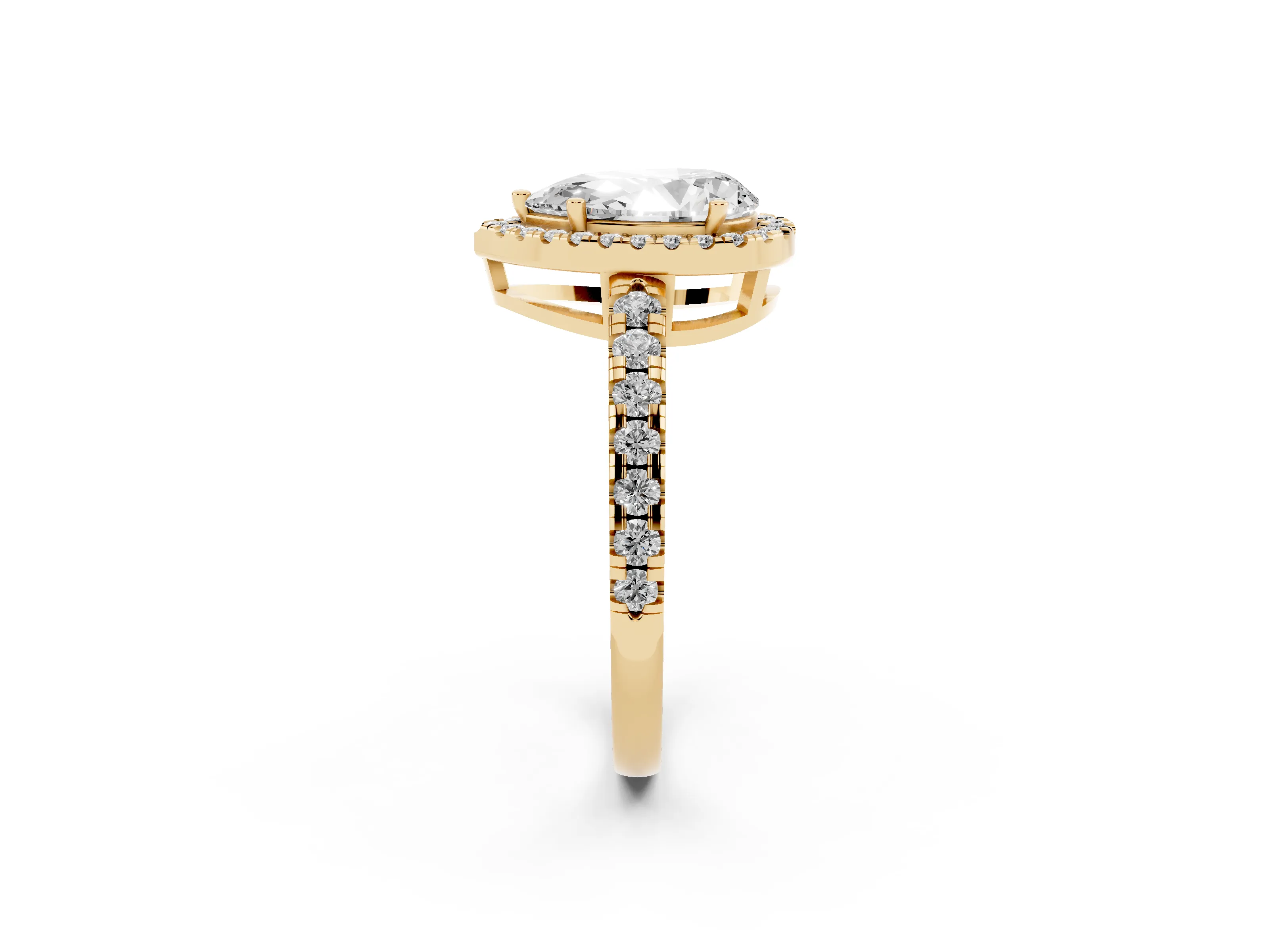 Pear Cut Diamond Halo Ring Set in Yellow gold with Delicate Pavé Band and Prong Setting