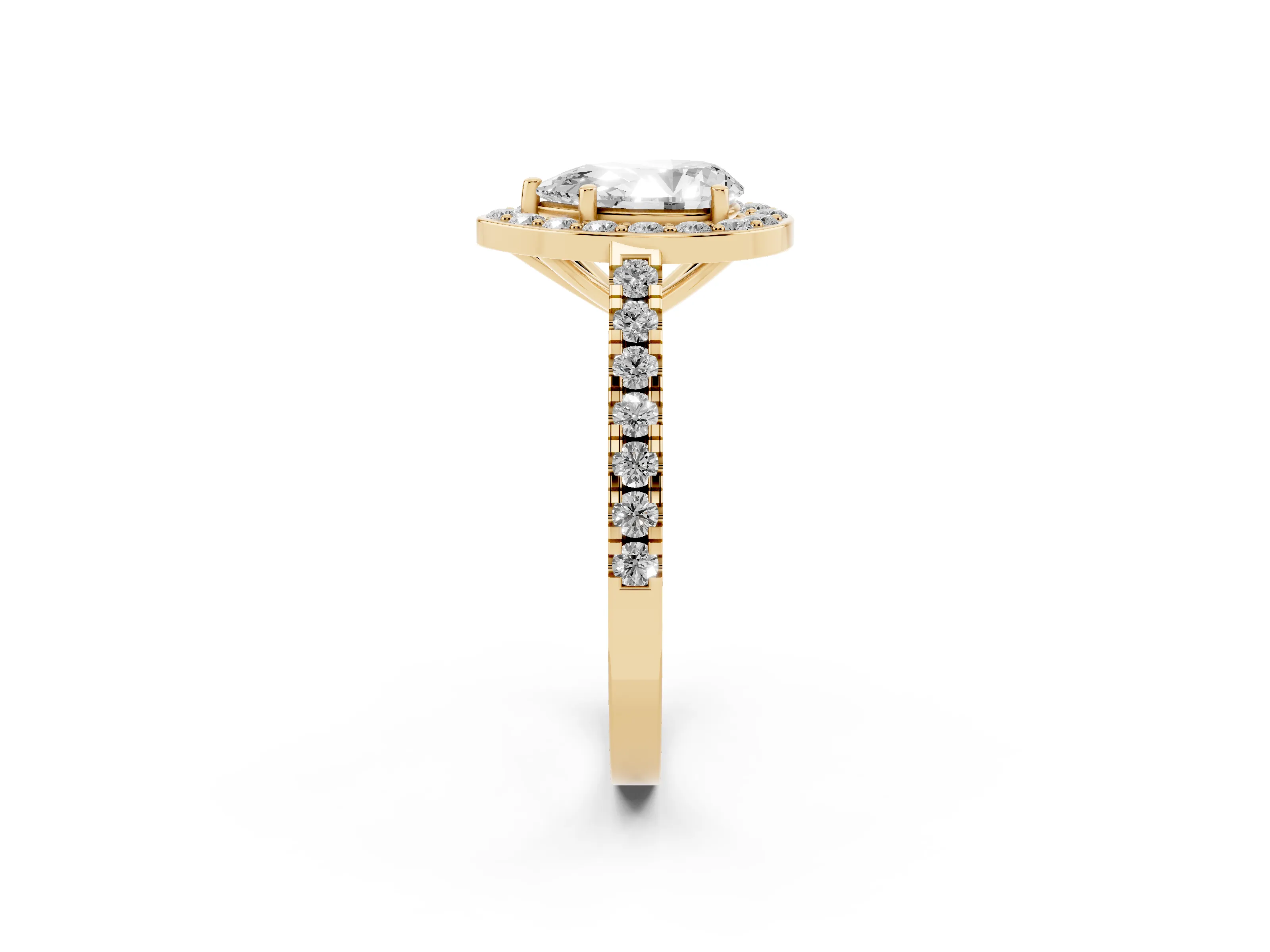 Pear Cut Diamond Halo Ring Set in Yellow gold with Round Pavé Split Shank and Prong Setting