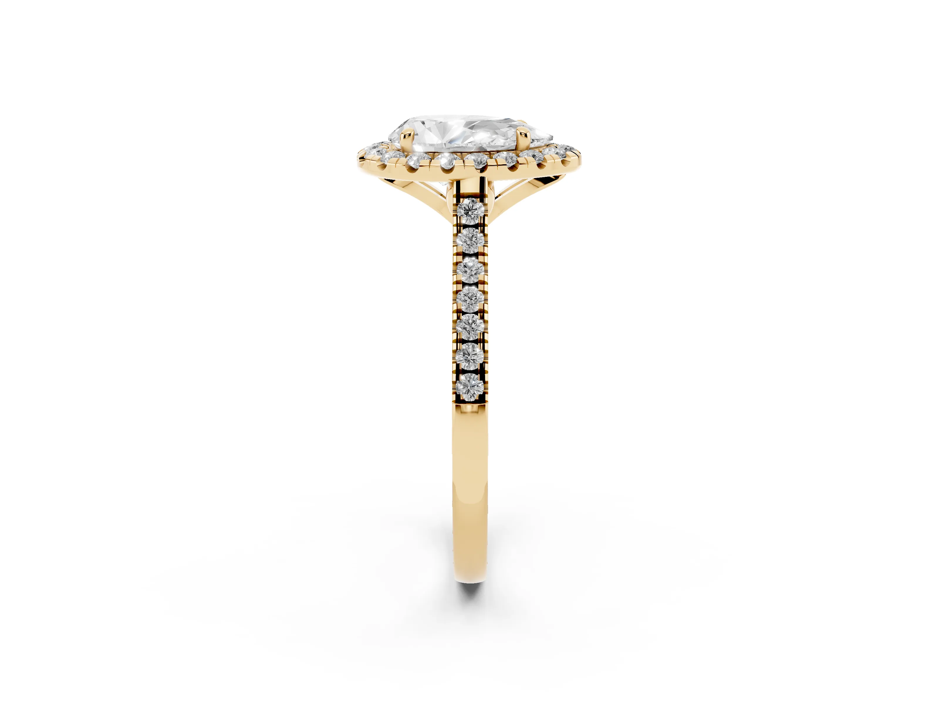 Pear Cut Diamond Cushion Halo Ring Set in Yellow gold with Pavé Band