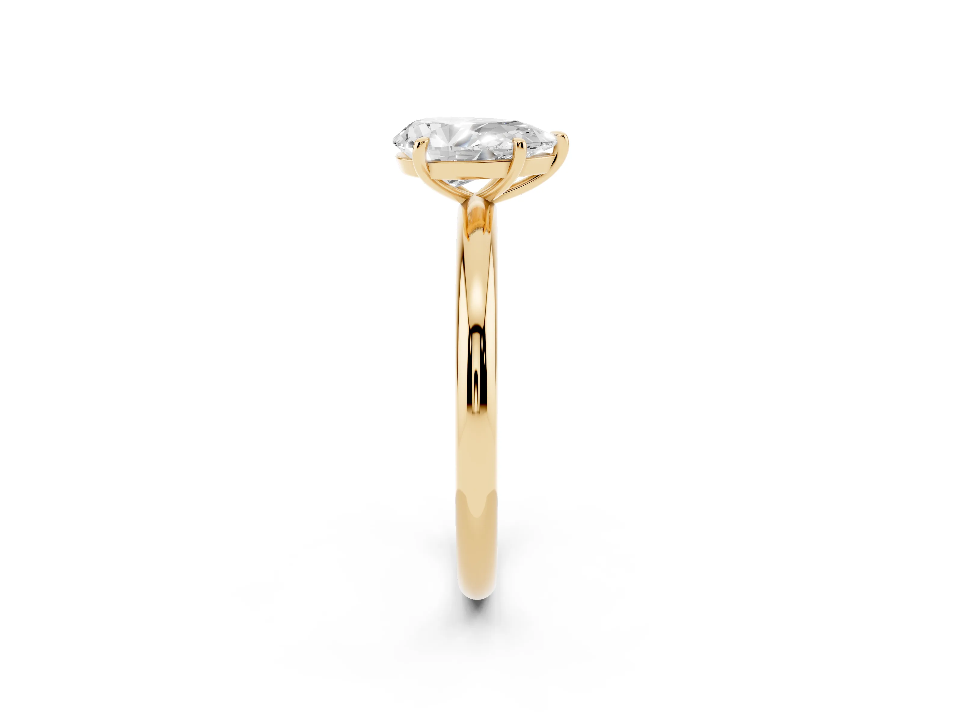 Pear Cut Diamond Solitaire Ring Set in Yellow gold with Prong Setting on a Polished Plain Band