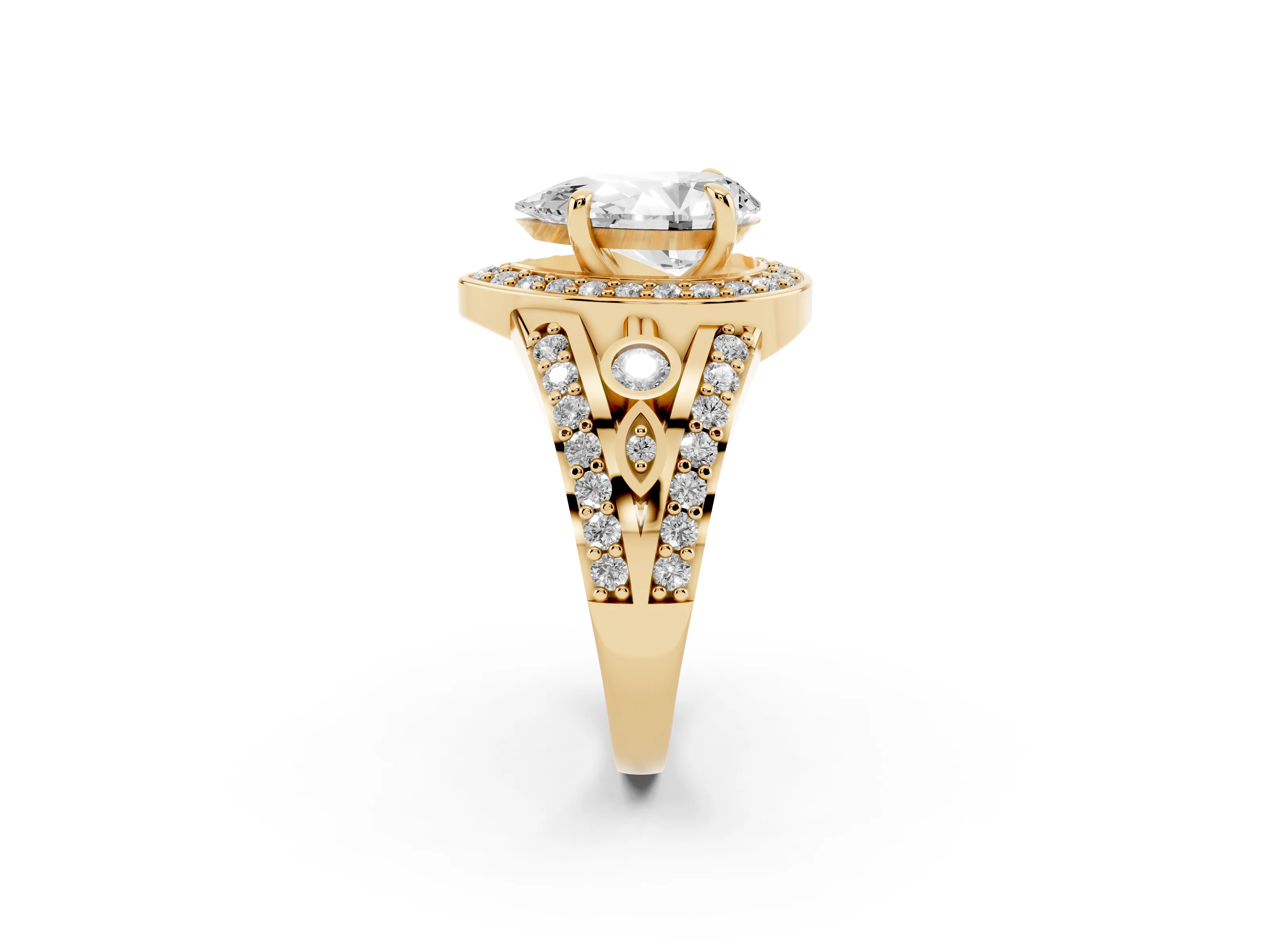 Pear Cut Diamond Halo Ring Set in Yellow gold with Pavé Split Shank and Bezel Accents