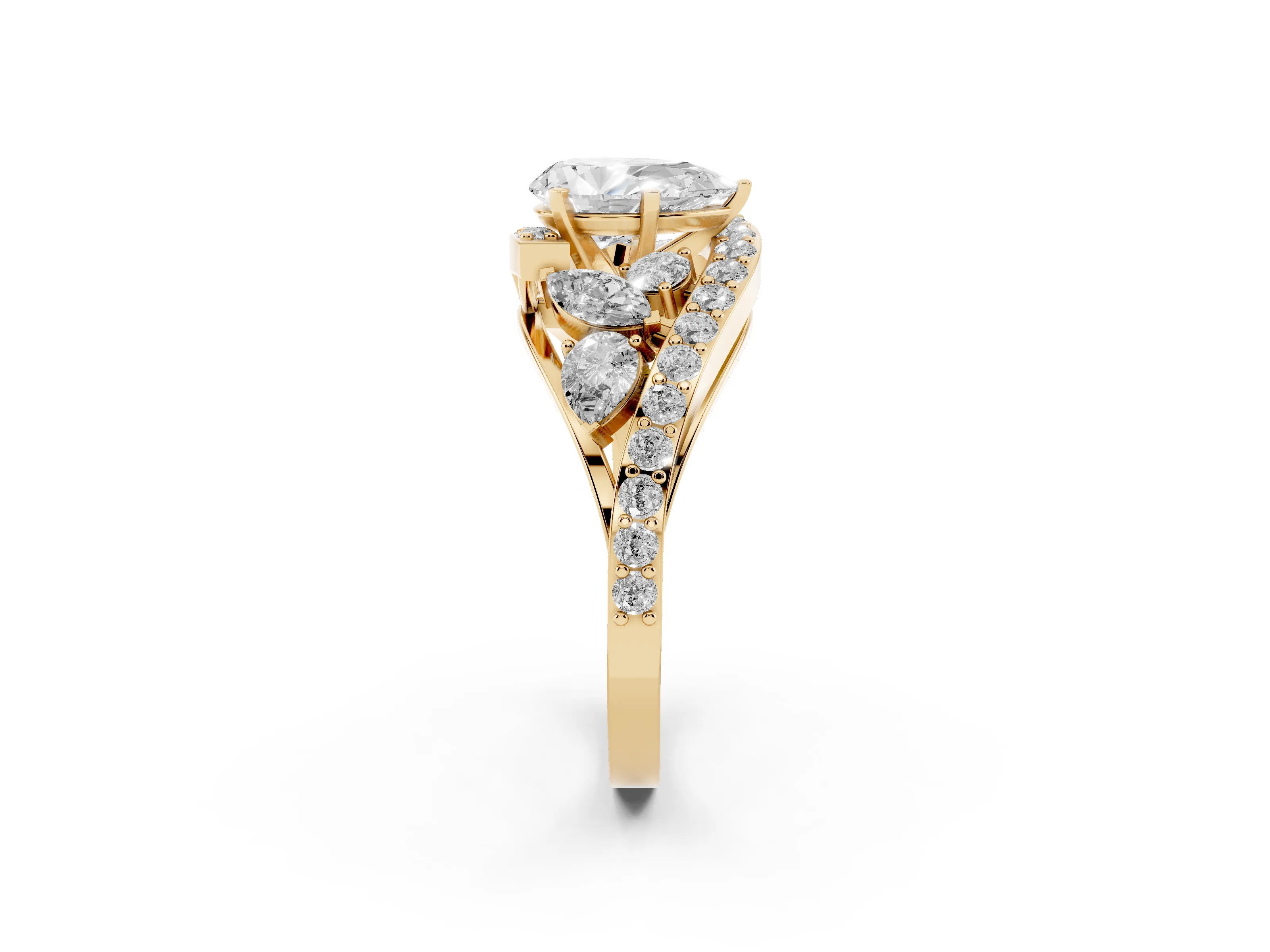 Pear Cut Diamond Halo Ring Set in Yellow gold with Marquise and Pavé Band in Prong Setting