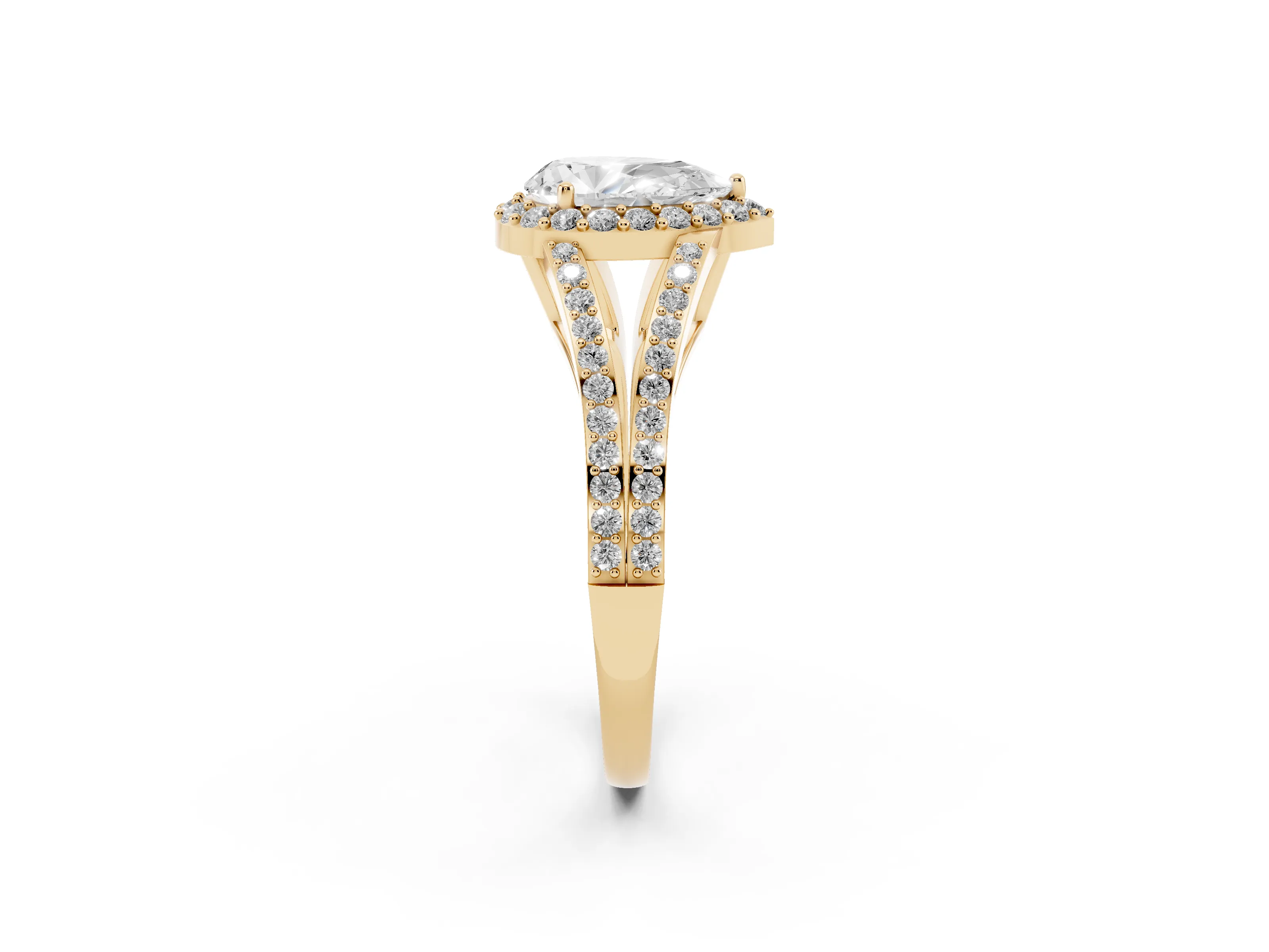 Pear Cut Diamond Halo Split Shank Pavé Ring Set in Yellow gold with Prong Setting